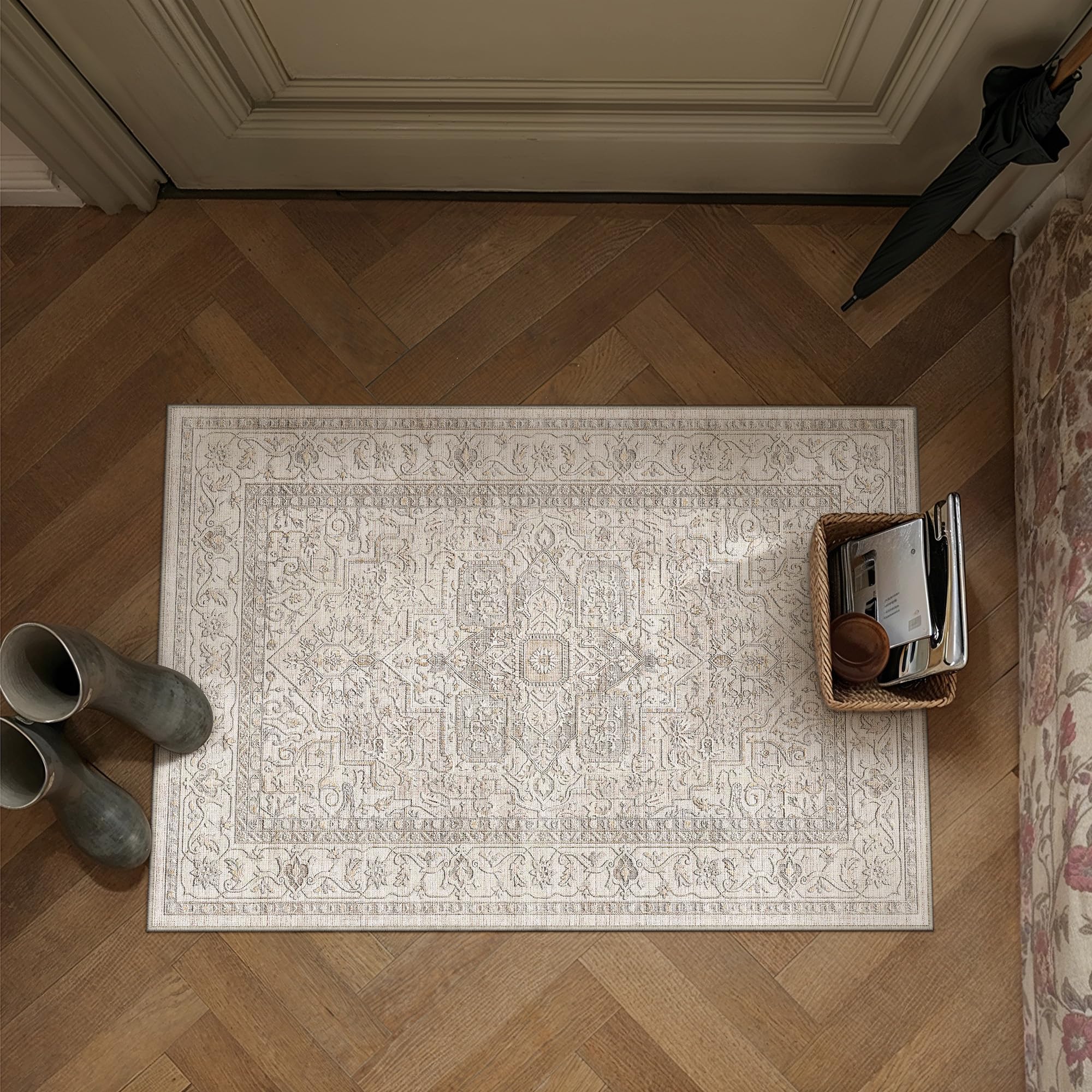 PureCozy Vintage Beige Door Mat Rug 60x90cm Doormat Entrance Washable Non Slip Indoor Carpet Area Rugs Bedroom Bedside Kitchen Office Dining Room Low Pile Soft Small Carpets — image 1