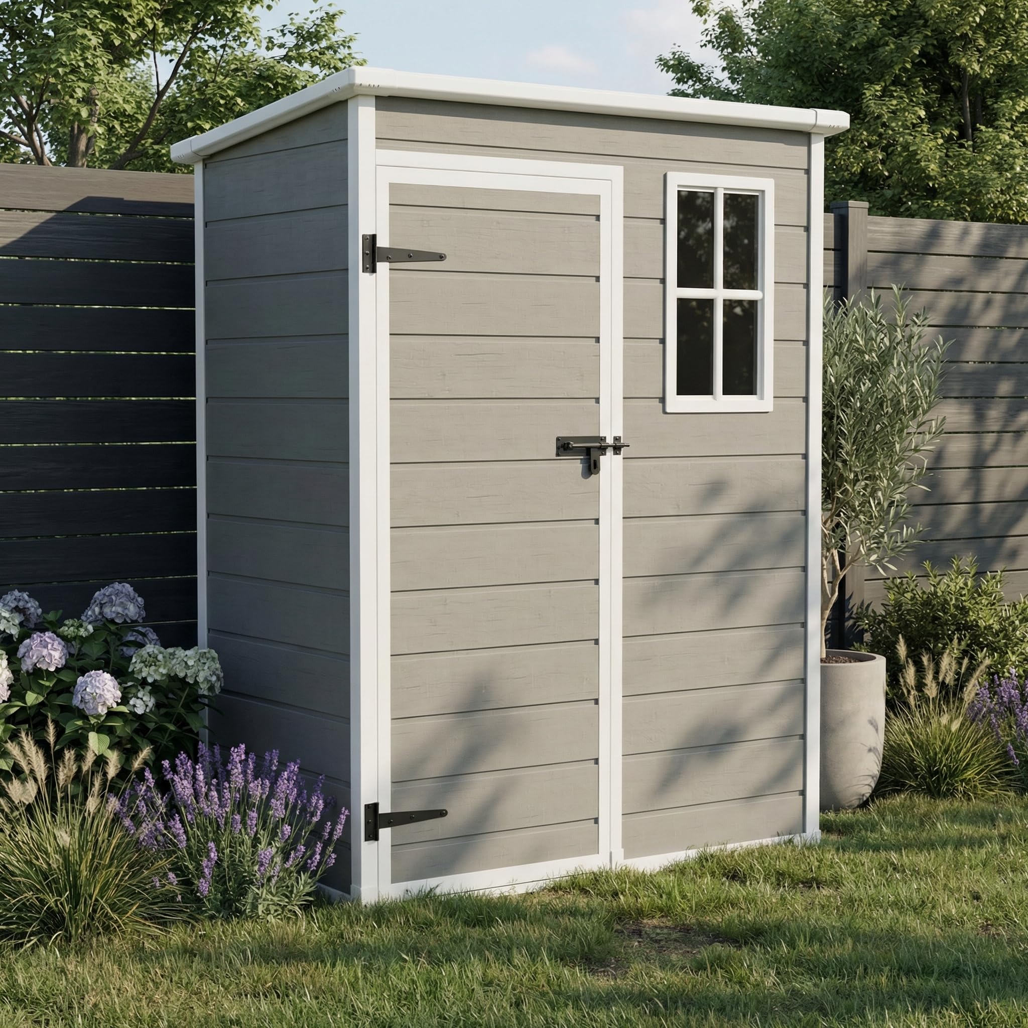 STEELSØN Novara Gerätehaus – Gartenschuppen mit Pultdach & Fenster – Gartenhaus 192x92x151 cm (HxTxB) – Geräteschuppen aus Kunststoff in Grau – Gartenhütte wetterfest & rostfrei – Schuppen