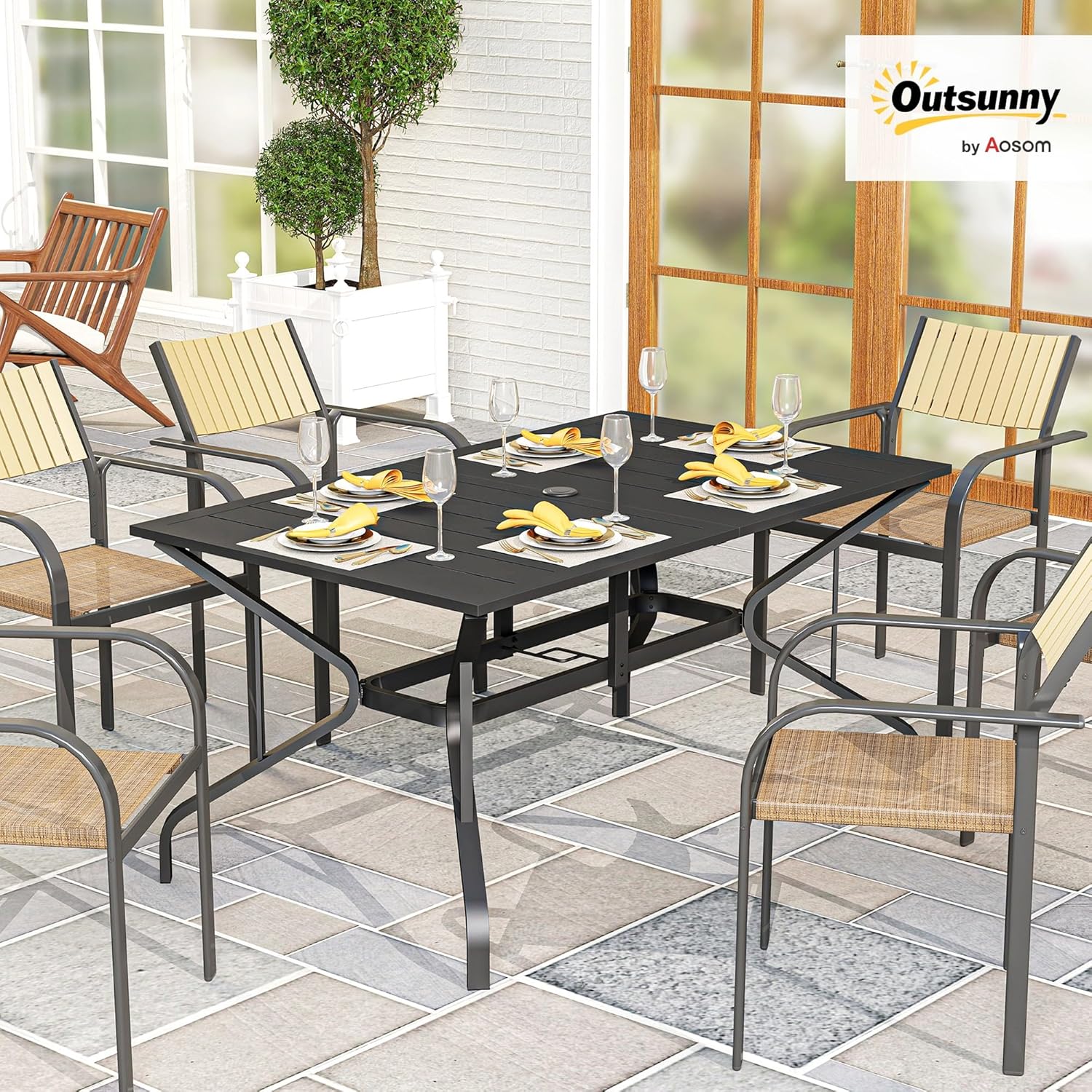 Outsunny Rectangle Outdoor Dining Table for 6 People, Steel Rectangular Patio Table with Umbrella Hole, Steel Frame for Garden, Balcony, Black