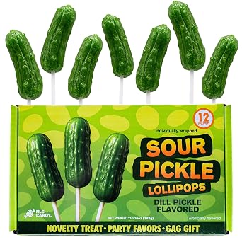Sour Pickle Lollipops 12ct, Sweet, Tangy, Sour, and Dilly Suckers, Sweet Pickle-Flavored Hard Candy, Fun Novelty Treat, Individually Wrapped