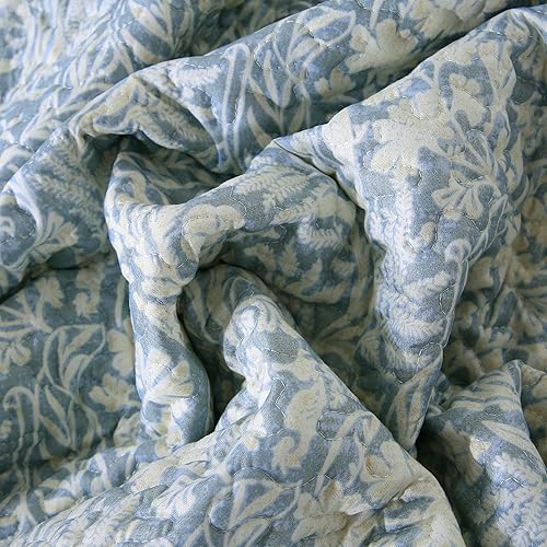 Miniatura 7 de DURLENGEN Juego de colcha botánica California King tamaño 3 piezas, gris azulado estampado con patrón de hojas beige, colcha reversible ligera para
