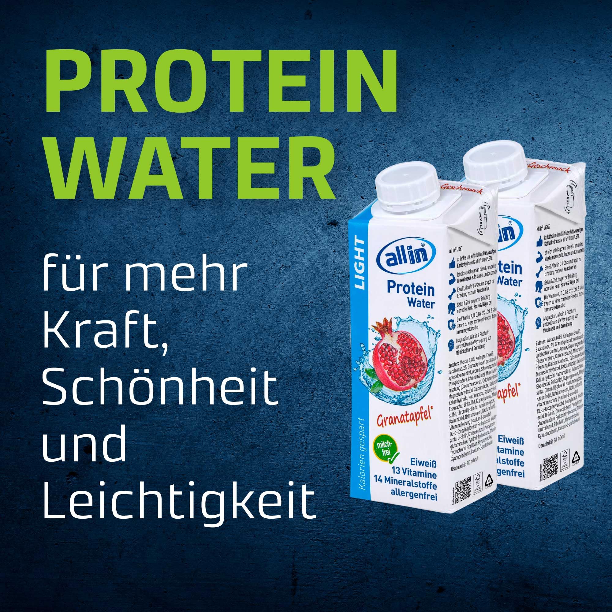 all in® LIGHT Protein Water Granatapfel 14 x 250 ml - Low Carb Vital Drink für Sport Workout oder zum Abnehmen | fettfreies Protein Wasser