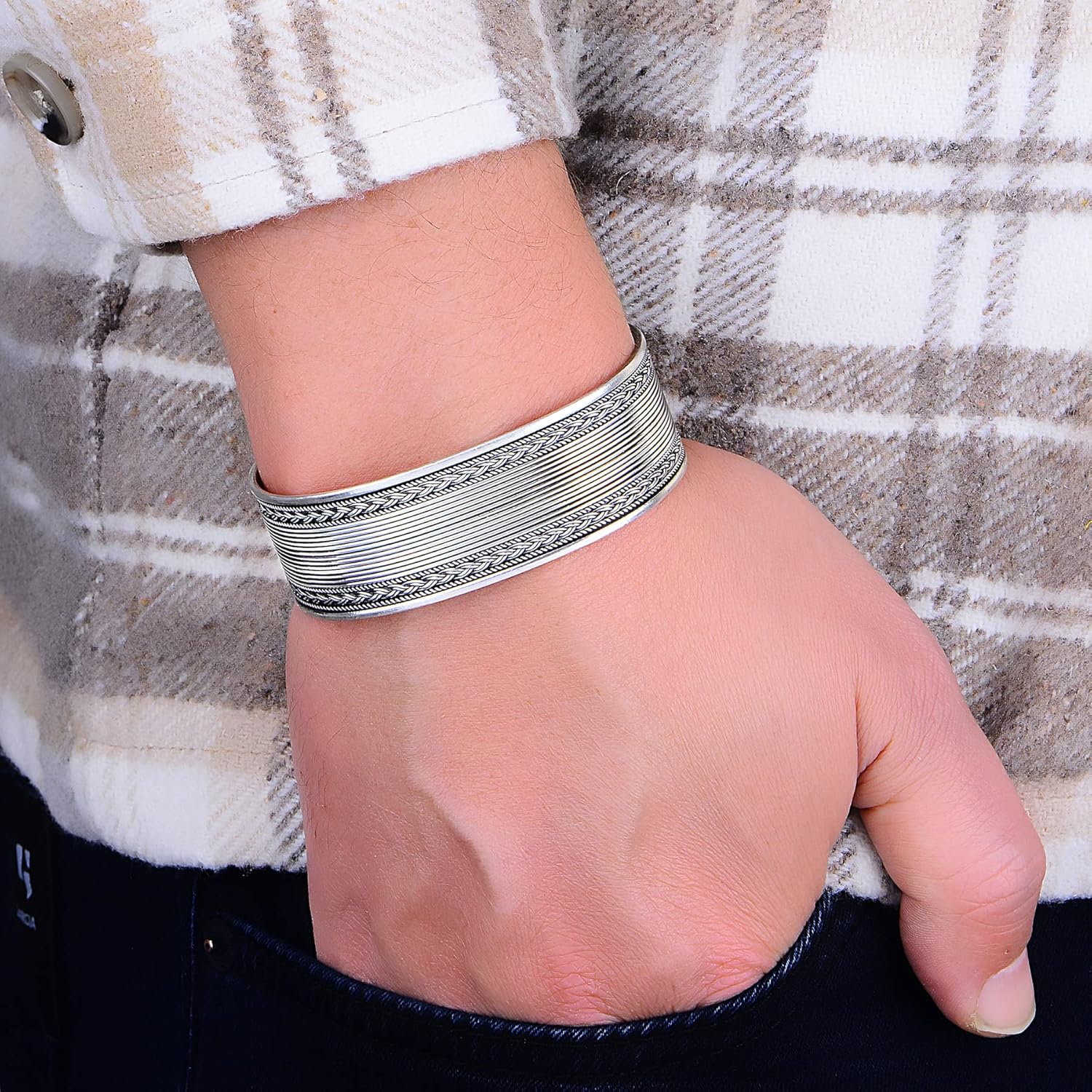 Men Silver Thick Cuff Bracelet, Handmade 22mm Cuff Bracelet, Unisex Adjustable Cuff Bracelet, Silver Knitting Pattern Bracelet