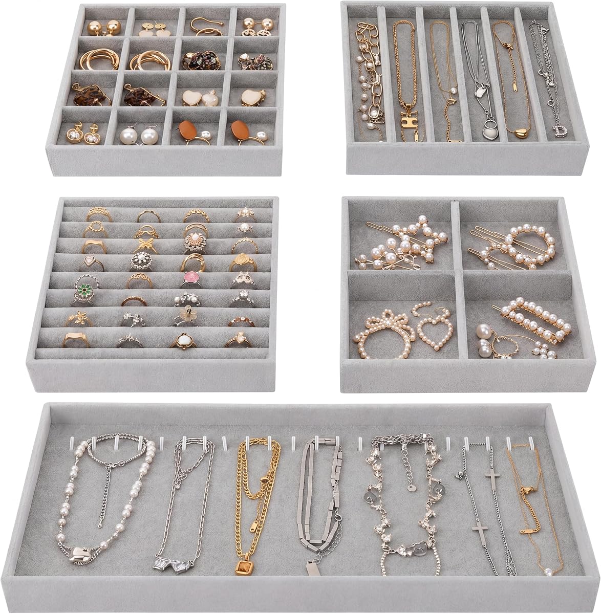 Fixwal Jewelry Organizer Trays 5 Pack 14in Stackable Drawer Box Dividers | Stackable 14in Trays, Removable Dividers, Multi-Layer Design, for Earrings Necklaces Bracelets and Watches