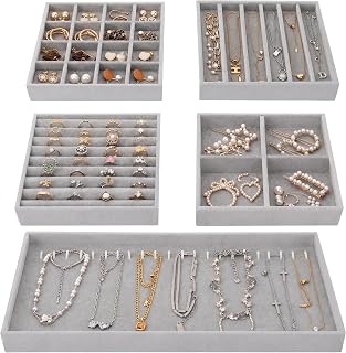 Fixwal Jewelry Organizer Trays 5 Pack 14in Stackable Drawer Box Dividers | Stackable 14in Trays, Removable Dividers, Multi-Layer Design, for Earrings Necklaces 