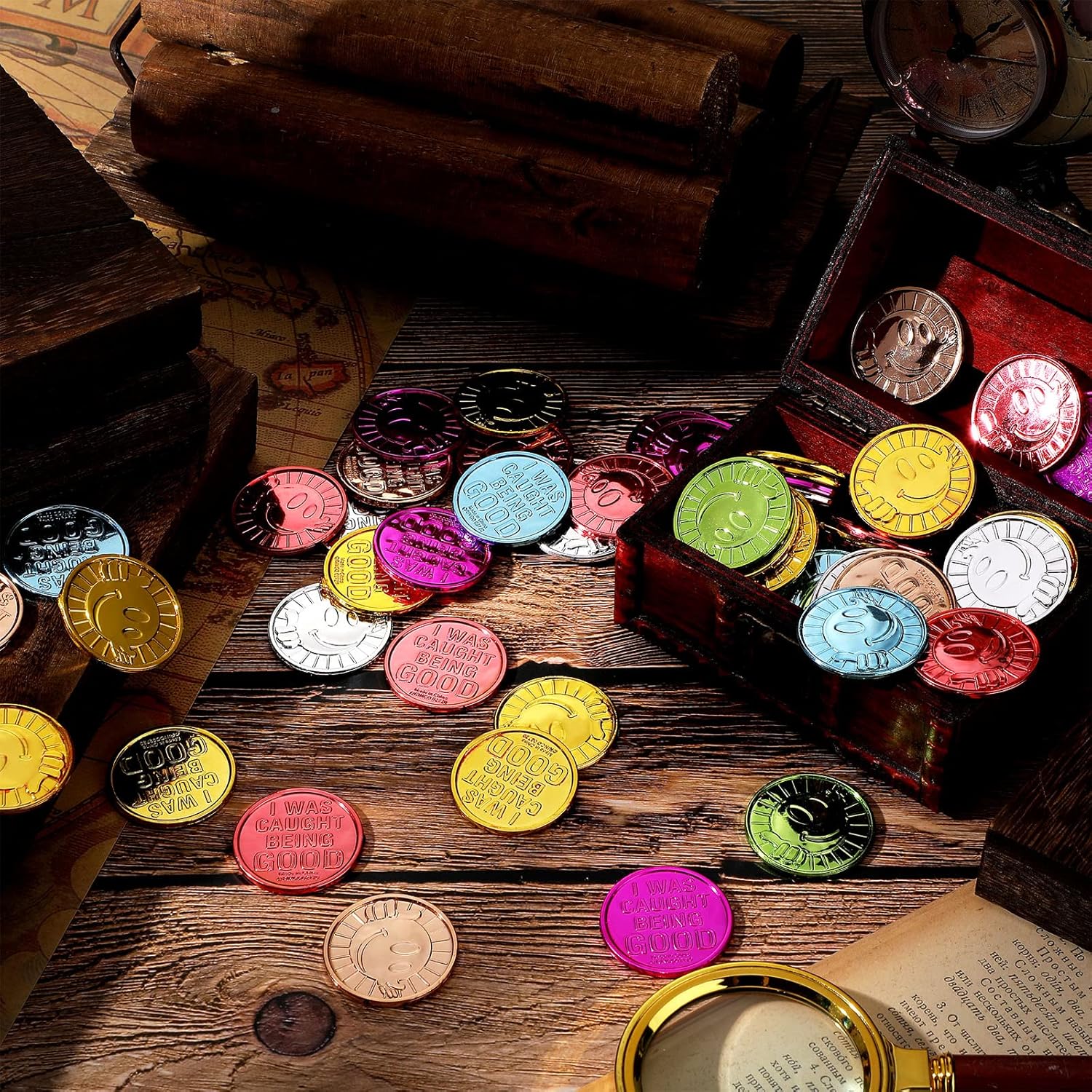Leitee 400 Pcs Caught Being Good Tokens Good Behavior Bulk Incentive Coins Reward Coins Kid Smile Face Colored Plastic Token with Clear Box for Student Reward Classmate Prizes School Teacher Props