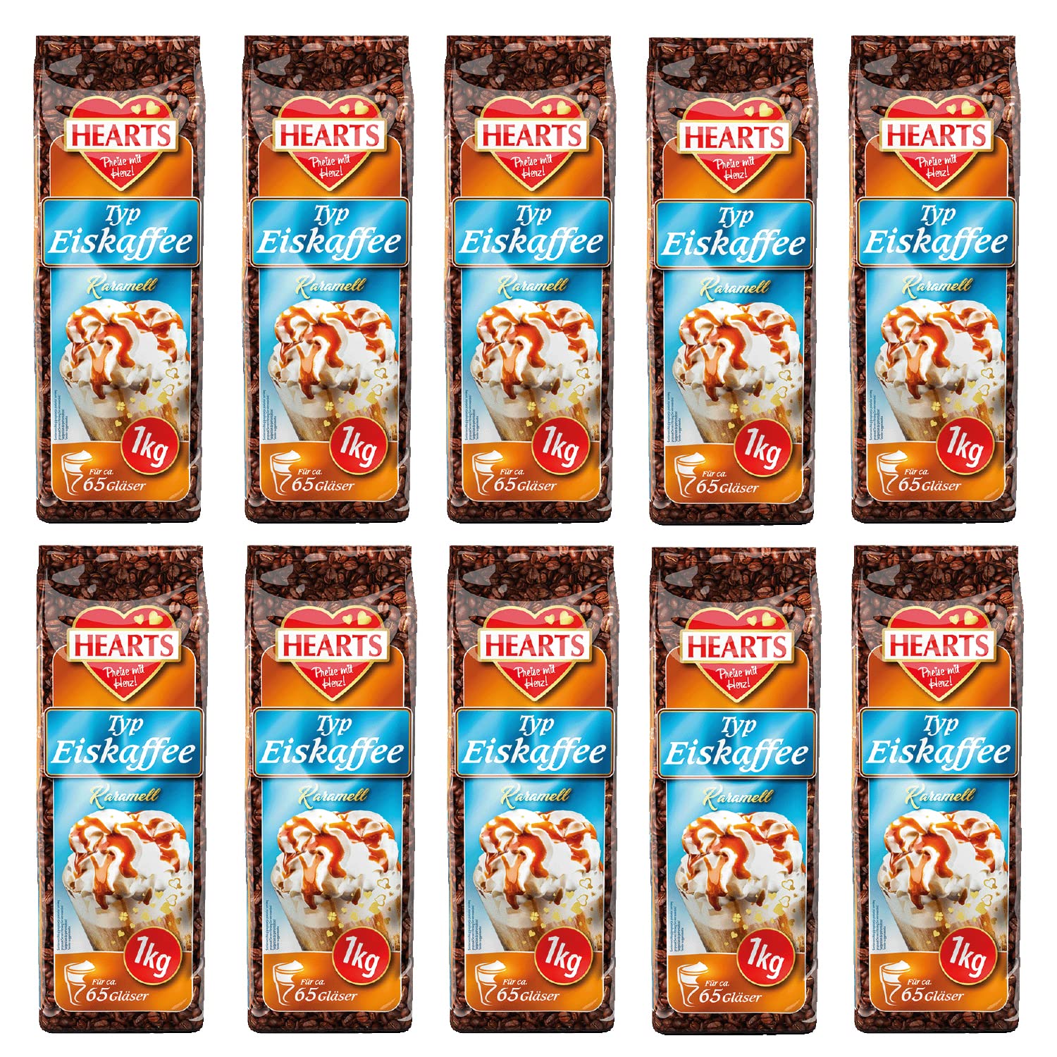 HEARTS Eiskaffee Karamell 10 x 1 kg Instantpulver für Eiskaffee mit Karamellgeschmack, Vorratspackung, Sommergetränk im Beutel, für heiße Tage, erfrischendes Getränk mit schneller Zubereitung