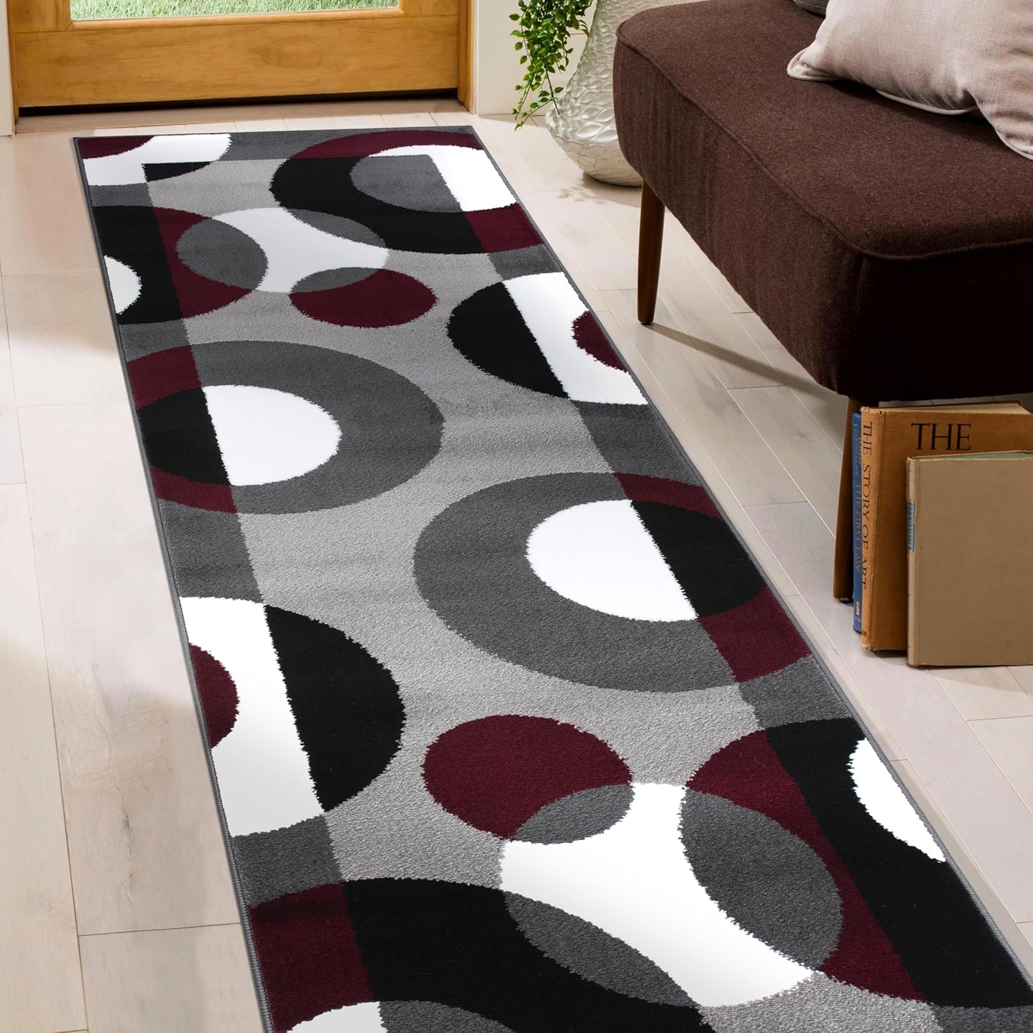 Rugshop Modern Circles Carpet Easy Maintenance for Home Office,Living Room,Bedroom,Kitchen Soft Runner Rug 2' x 7'2" Burgundy