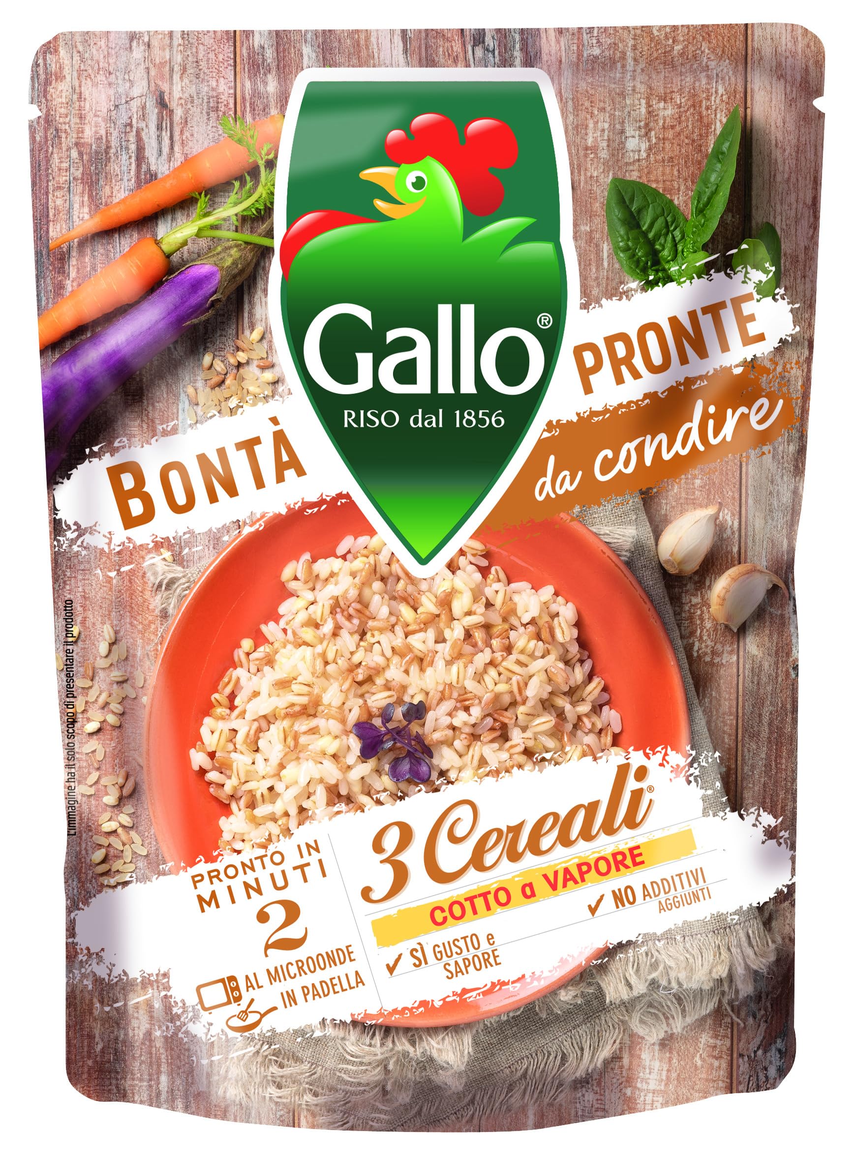 Riso Gallo Bontà Pronte 3 Cereali 6 x 250gr, Riso e MIx di Cereali, Cotto a Vapore, Pronto in 2 min al Microonde, in Padella