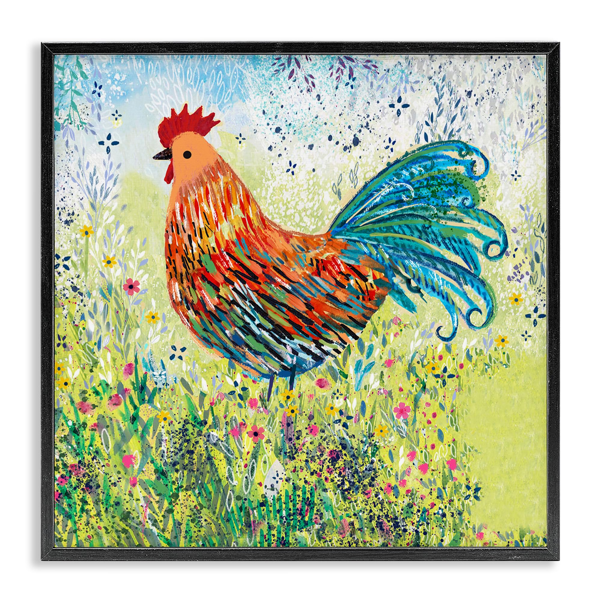 Stupell Industries Cockerel Rooster in Colorful Garden Black Framed Giclee Art, design by Clare Tupper, 24 x 24