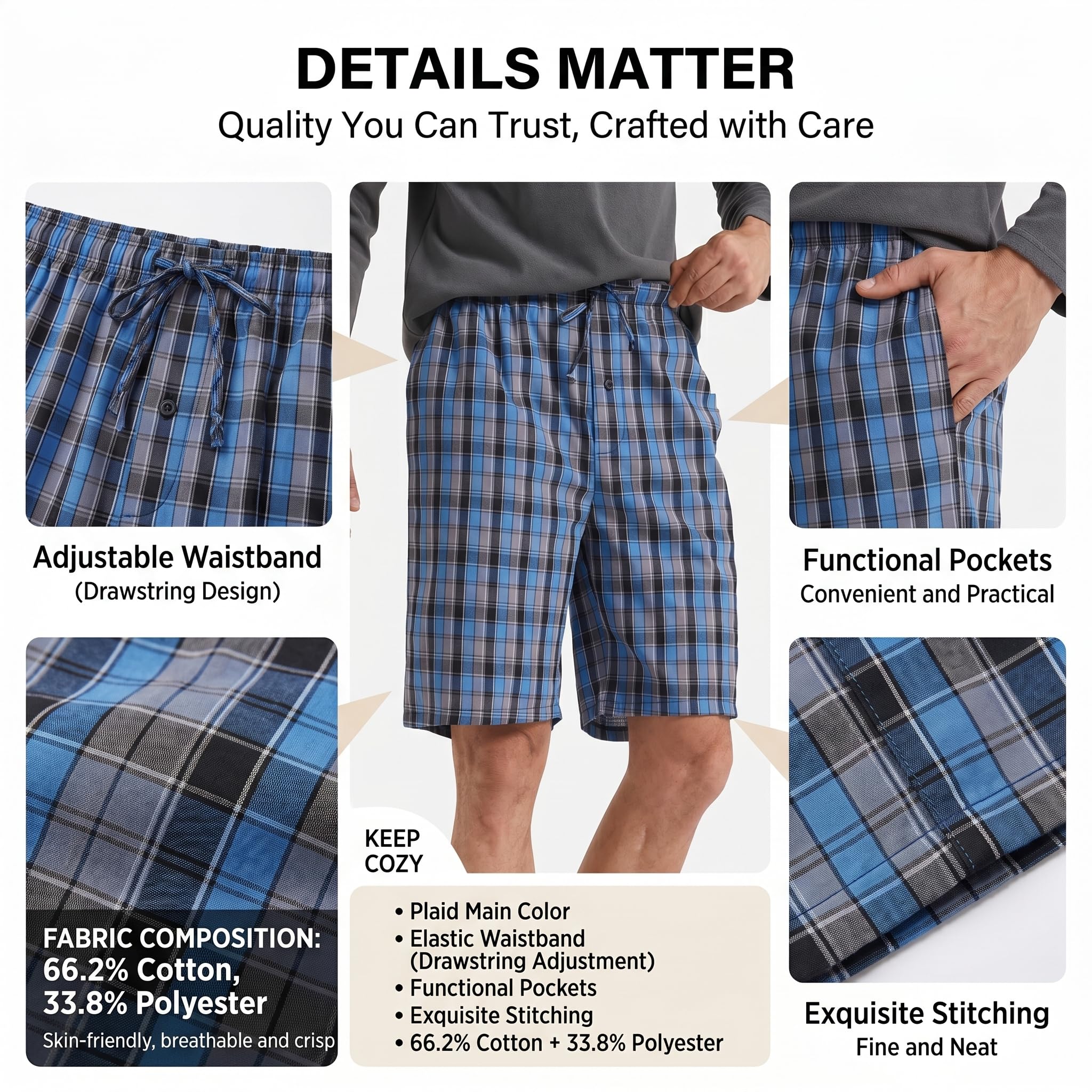YUSHOW Pantaloncini Pigiama da Uomo Cotone a Quadri Pantaloni Corti Casual da Casa Comodo e Morbido Loungewear Pacco da 2