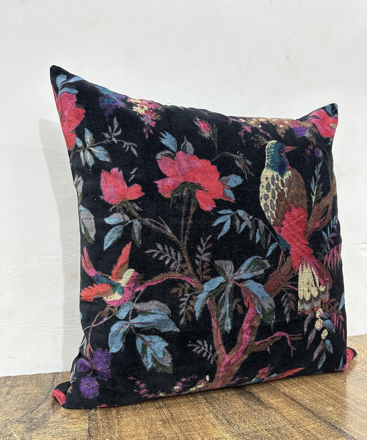 Velvet Floral Flower Black Bird Throw Pillow Sofa Cushion Cover Case Couch Bohemian Accent Colorful Boho Chic Indian Handmade Cover Only (24" x 24")