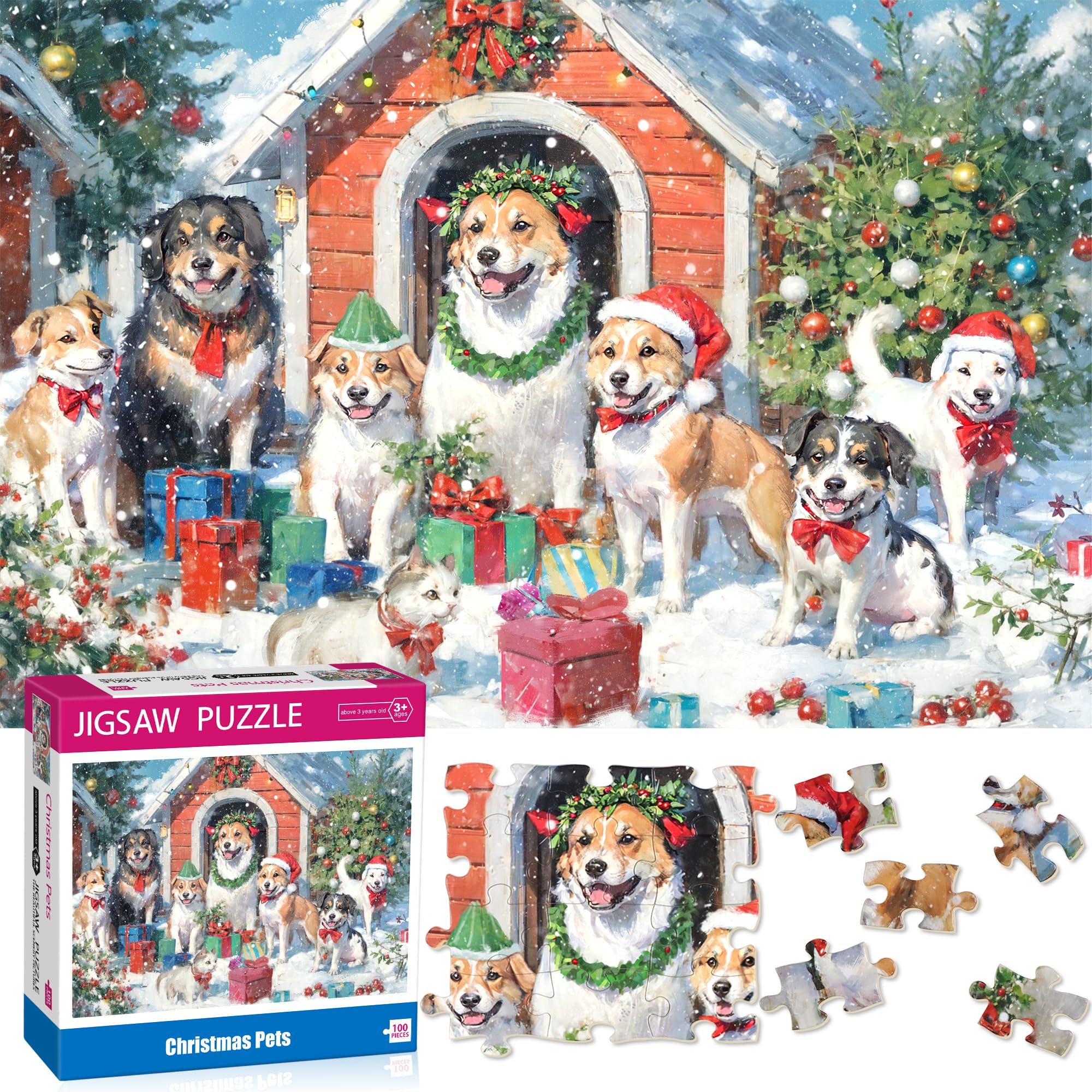 Bestbase Puzzles for Kids Ages 4-6 6-8 8-10 - Christmas Pets 100 Piece Puzzles for Kids, Christmas Game Xmas Gifts Jigsaw Puzzles, Christmas Puzzles Stocking Stuffers for Girls/Boys