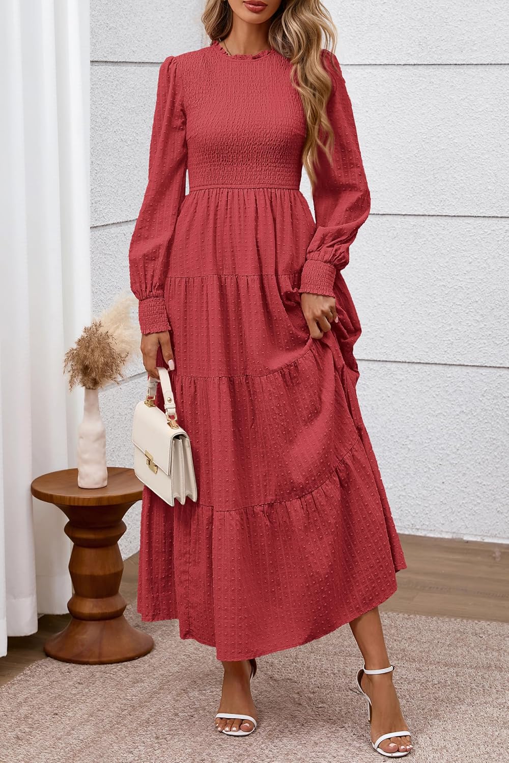 PRETTYGARDEN Women's Long Sleeve Spring Maxi Dresses 2026 Casual Smocked Trim Neck Swiss Dot Flowy Formal Wedding Guest Dress - Image 8