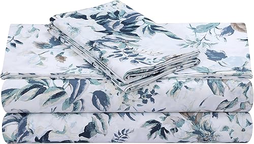 Tribeca Living Juego de 2 fundas de almohada de satén de algodón tamaño estándar, estampado floral, 300 hilos, ropa de cama de lujo, King, azul