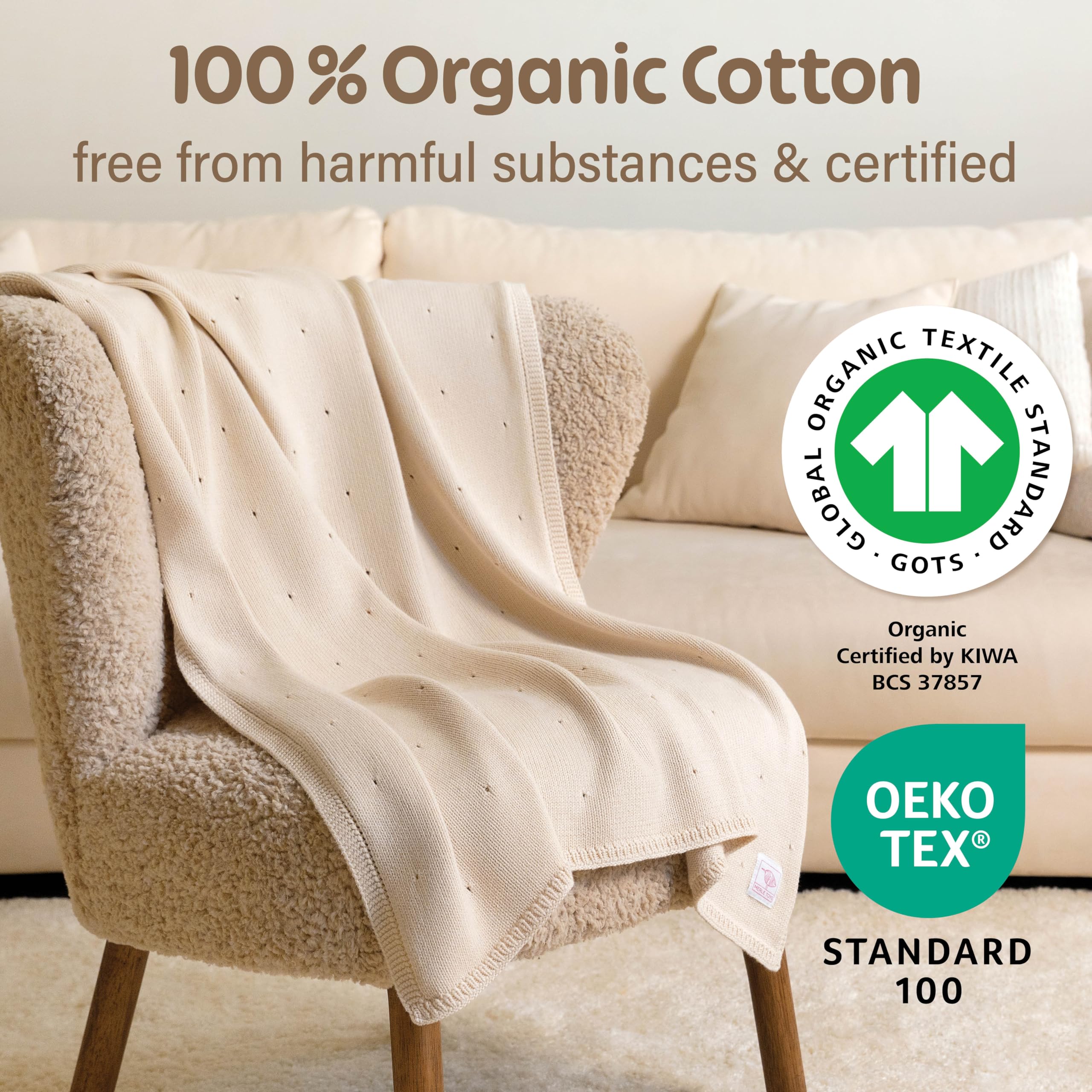 Merle Toys® Manta para bebé de algodón 100% orgánico, con certificación GOTS & Oeko-Tex, manta para recién nacidos, manta para bebé, manta de algodón orgánico, color blanco perla