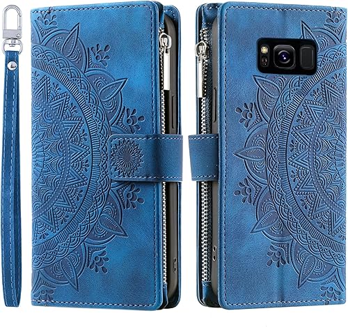 Miniatura 6 de Asuwish Funda de teléfono para Samsung Galaxy S8 con protector de pantalla de vidrio templado y correa para la muñeca, diseño de flores de mandala,