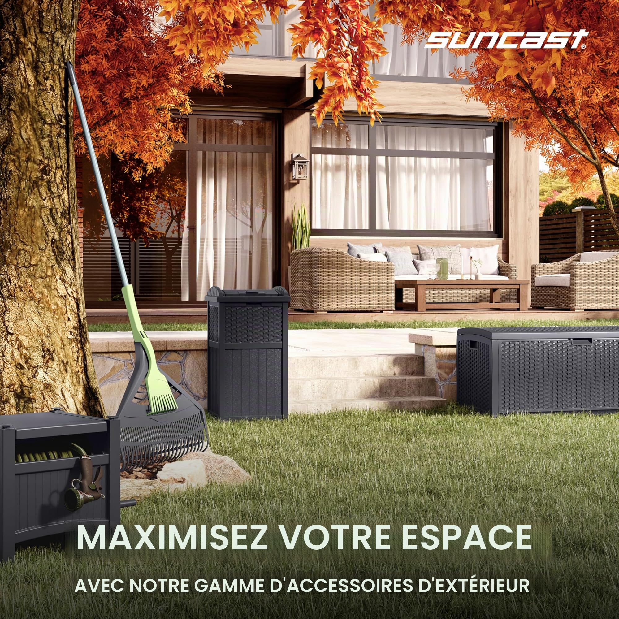 Suncast Poubelle cachée de style osier avec couvercle à verrouillage sécurisé et construction résistante aux intempéries pour terrasse, fabriquée aux États-Unis, 125 L, gris (Cyberspace Grey)