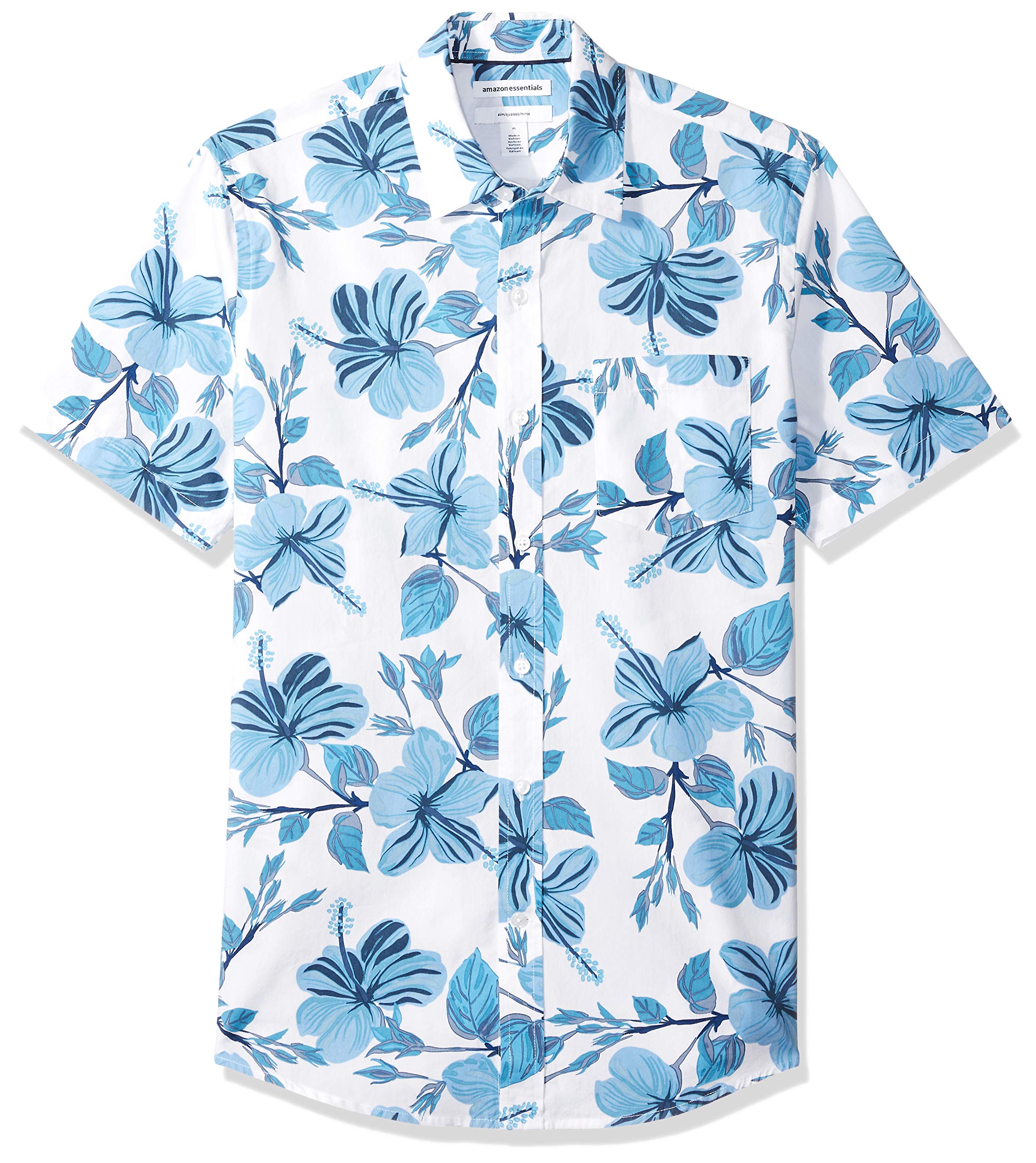 Amazon EssentialsMen's Slim-Fit Short-Sleeve Print Shirt, Blue, Floral Print, Large