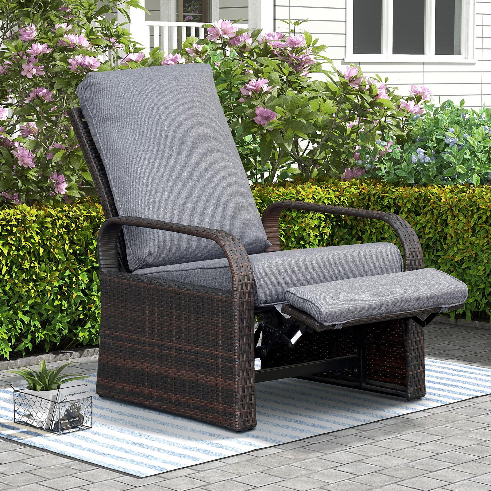 ATR ART TO REAL Outdoor Wicker Recliner Chair with 5.5'' Cushions, Automatic Adjustable Patio Chaise Lounge Chairs, Aluminum Frame Reclining Chair, UV Resistant, Rustless (Grey)