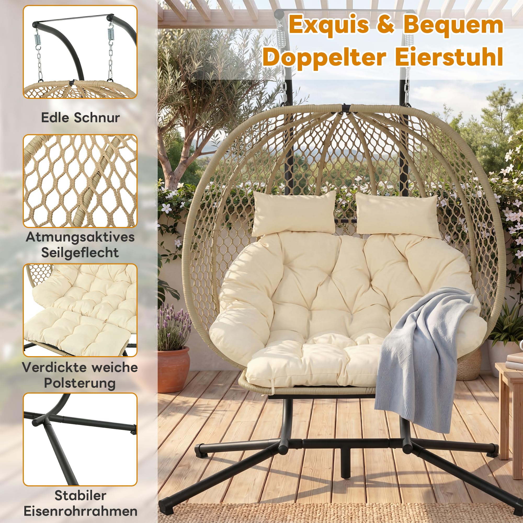 Doppia sedia a dondolo a forma di uovo, poltrona sospesa con supporto, poggiapiedi e cuscino, per interni ed esterni, portata fino a 150 kg (beige)