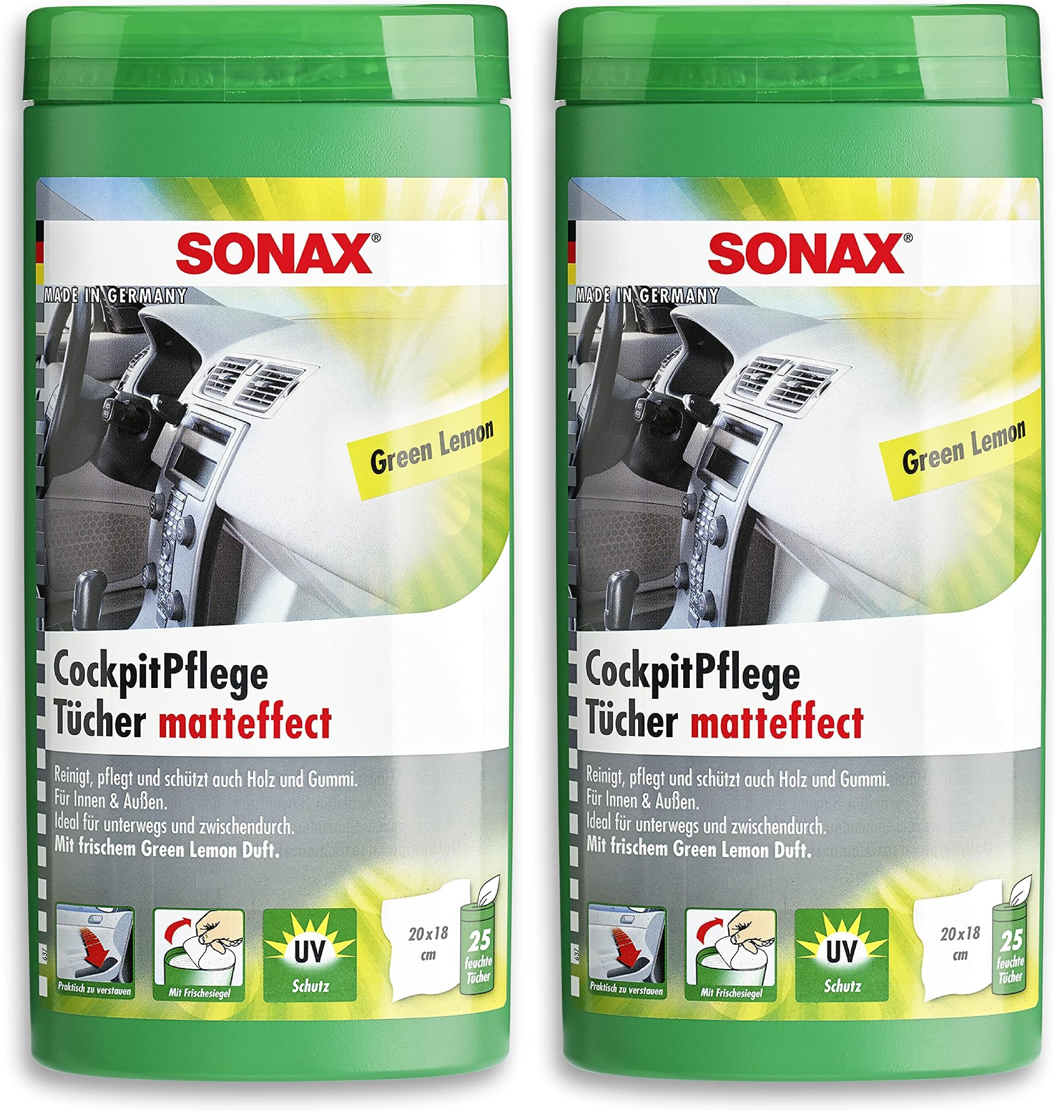 SONAX CockpitPflegeTücher Matteffect Green Lemon Box (25 Stück) reinigen, pflegen und schützten alle Kunststoffteile, Holz und Gummi mit Geen Lemon-Duft | Art-Nr. 04128000 (Packung mit 2)