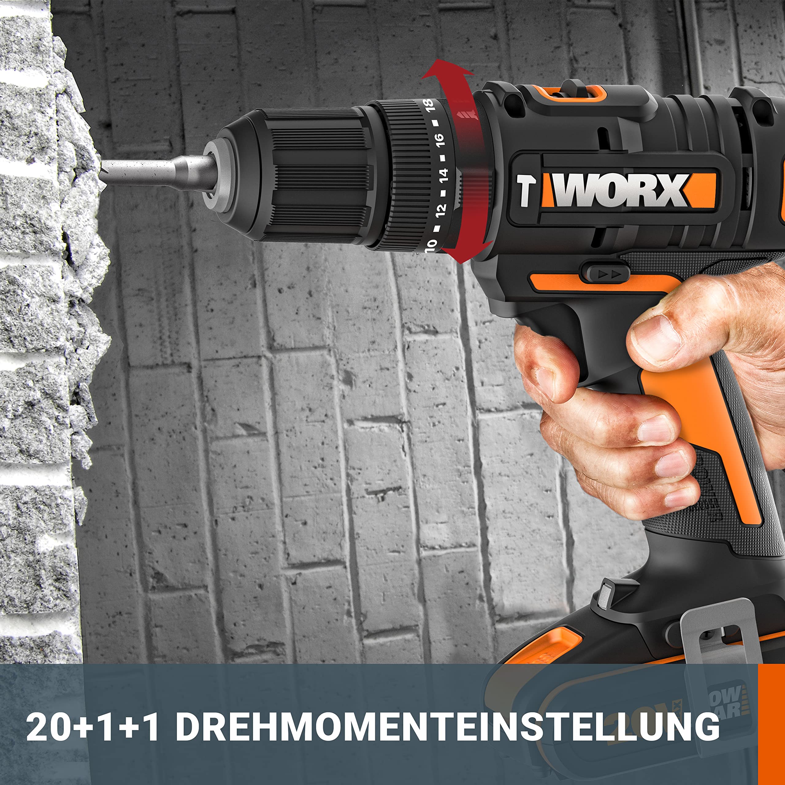 WORX WX370.9 Akku Schlagbohrschrauber 20V - 50Nm, 2-Gang-Getriebe & LED-Licht - zum Schrauben, Bohren & Schlagbohren – 20 Drehmomentstufen + Bohrstufe + Schlagfunktion – ohne Akku & Ladegerät