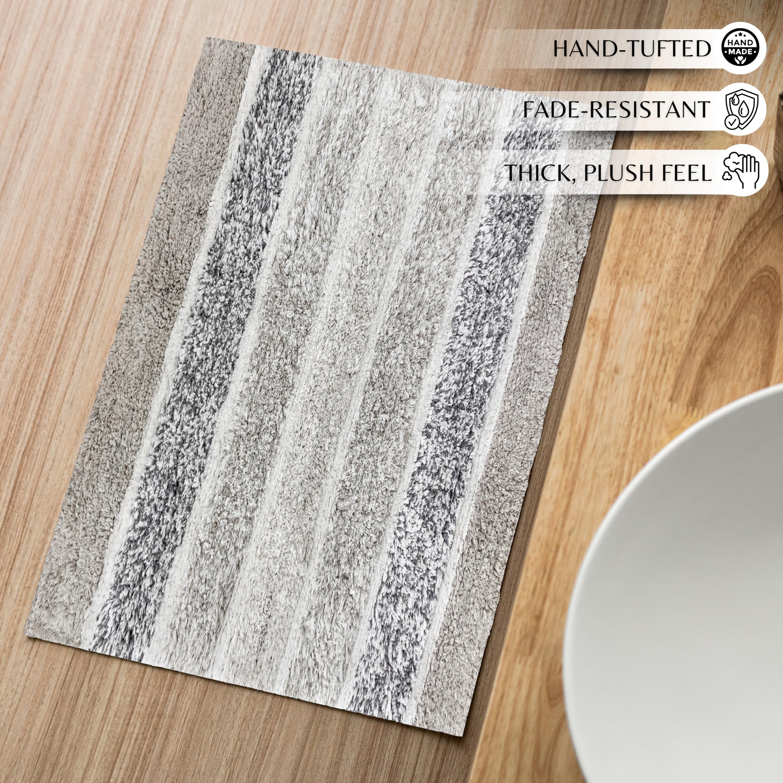 Ramanta Home Alpine Stripe 100% Cotton Bath Rug Set of 2 - Light Grey, Non Slip Soft Absorbent Bath Rug Set for Bathroom, Kitchen, Machine Washable Floor Mats - 21x32 & 17x24 Inch