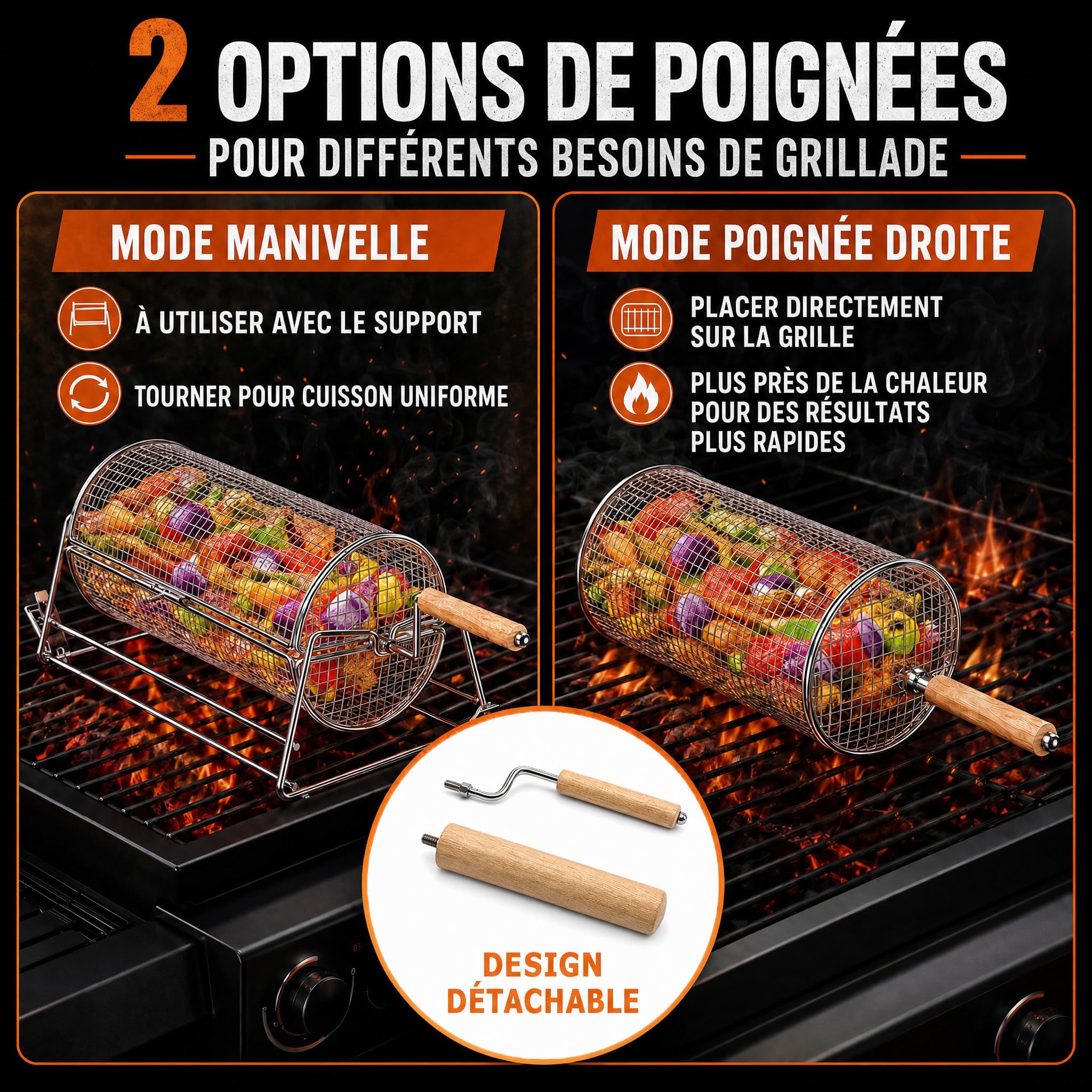 2-en-1 Panier à Barbecue Roulant Rotatif, Inoxydable 304 avec Poignées Détachables Doubles Manivelle et Droite, Accessoires BBQ pour Légumes Crevettes, Cadeau Idée Homme Papa Mari Anniversaire