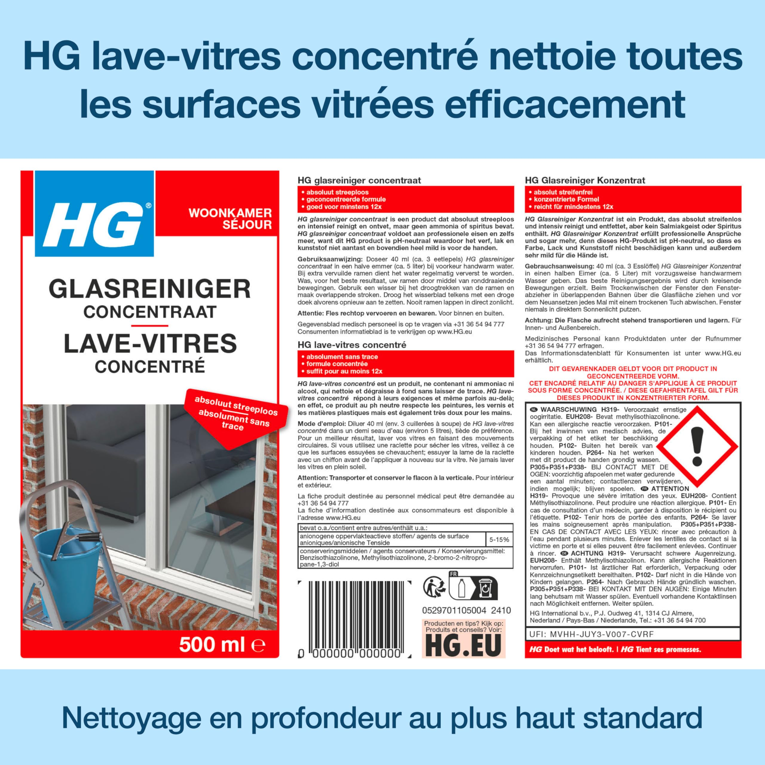 HG Nettoyant pour Vitres, Concentré professionnel, brillance sans traces – 500 ml