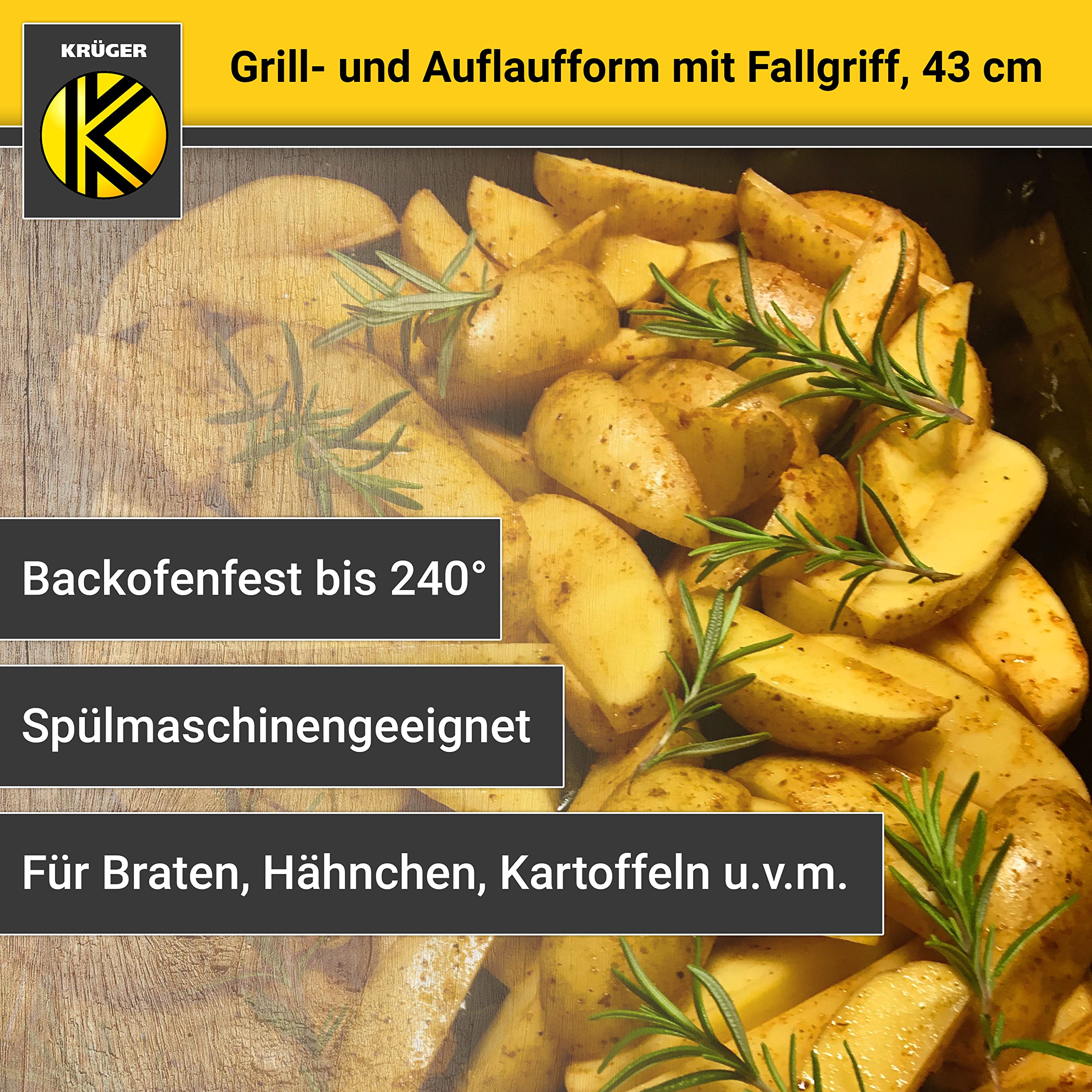 Krüger Emaille Grill- und Auflaufform 40 x 29 cm | Mit Edelstahlgriffen