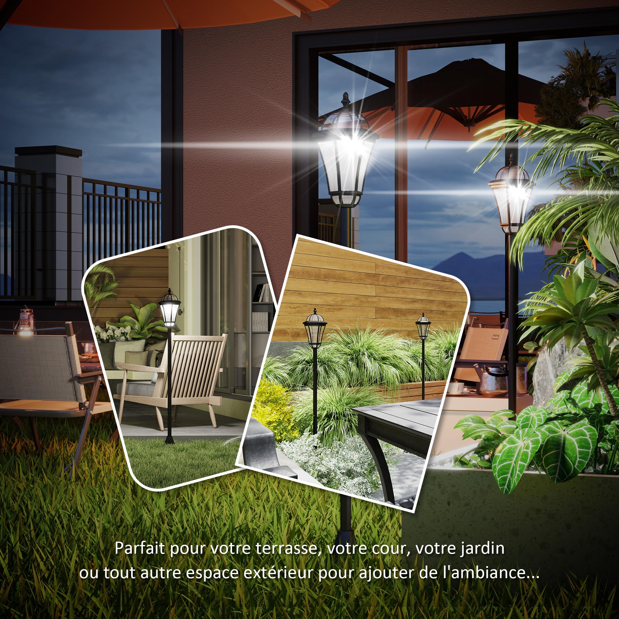 Outsunny 2 lampadaires sur pied solaires extérieur 6000K étanche noir