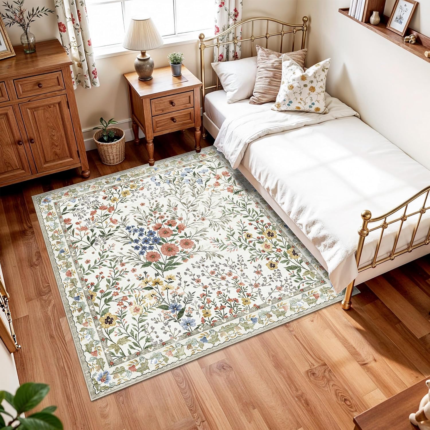 5x5 Living Room Area Rug Washable: Floral Non-Slip Mats for Indoor Floor Entryway Dining Room Bedroom - Soft Thin Carpet for Vintage Neutral Home Decor (5ft Square, Beige)
