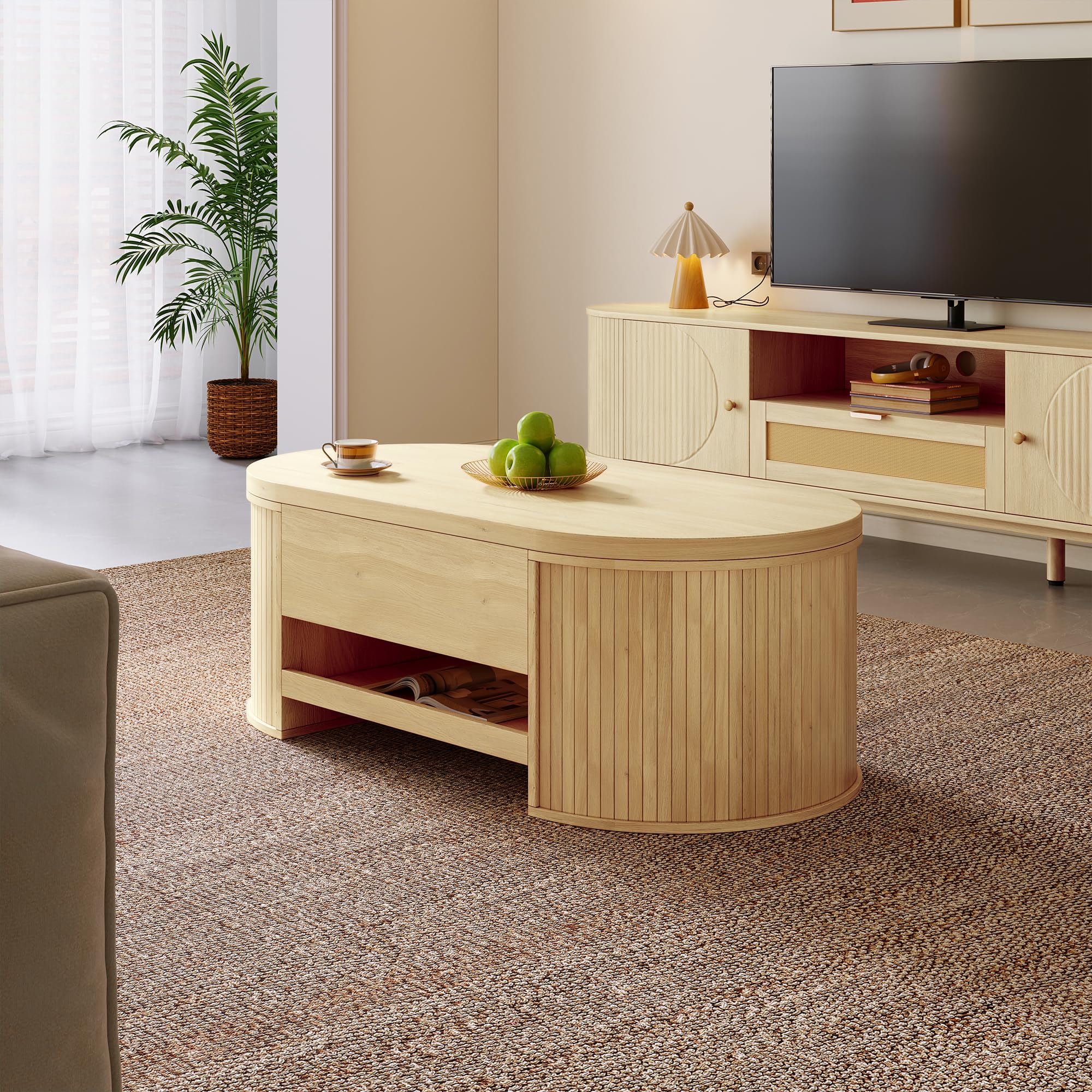 Soweiz Mesa de centro elevable, mesa de centro con lados curvos de madera, estante extensible, mesa elevable, mueble de salón multifuncional, 110 x 55,5 x 40 cm (color madera)