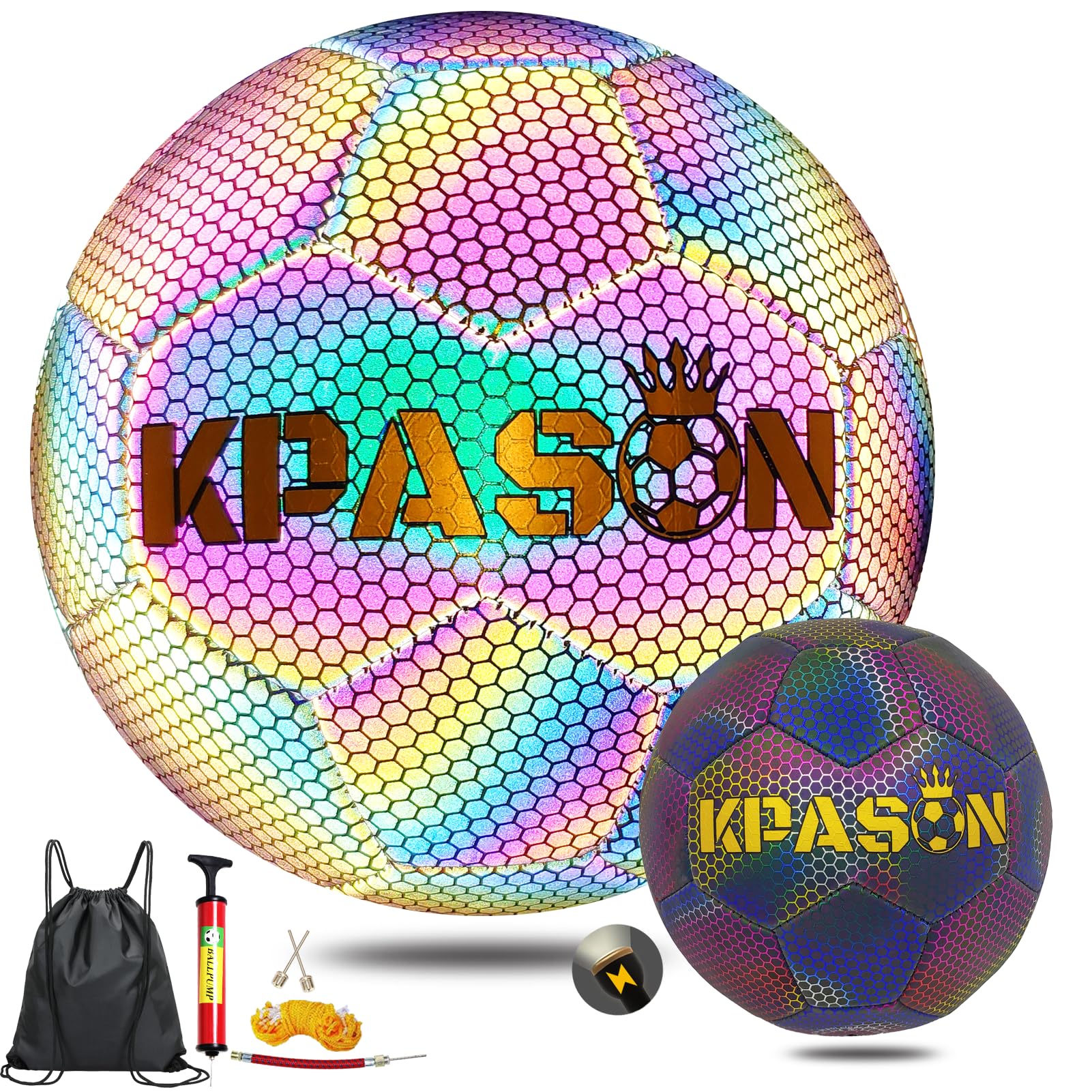 Pallone da calcio olografico riflettente incandescente misura 4, ologramma luminoso palle da calcio con pompa per adulti
