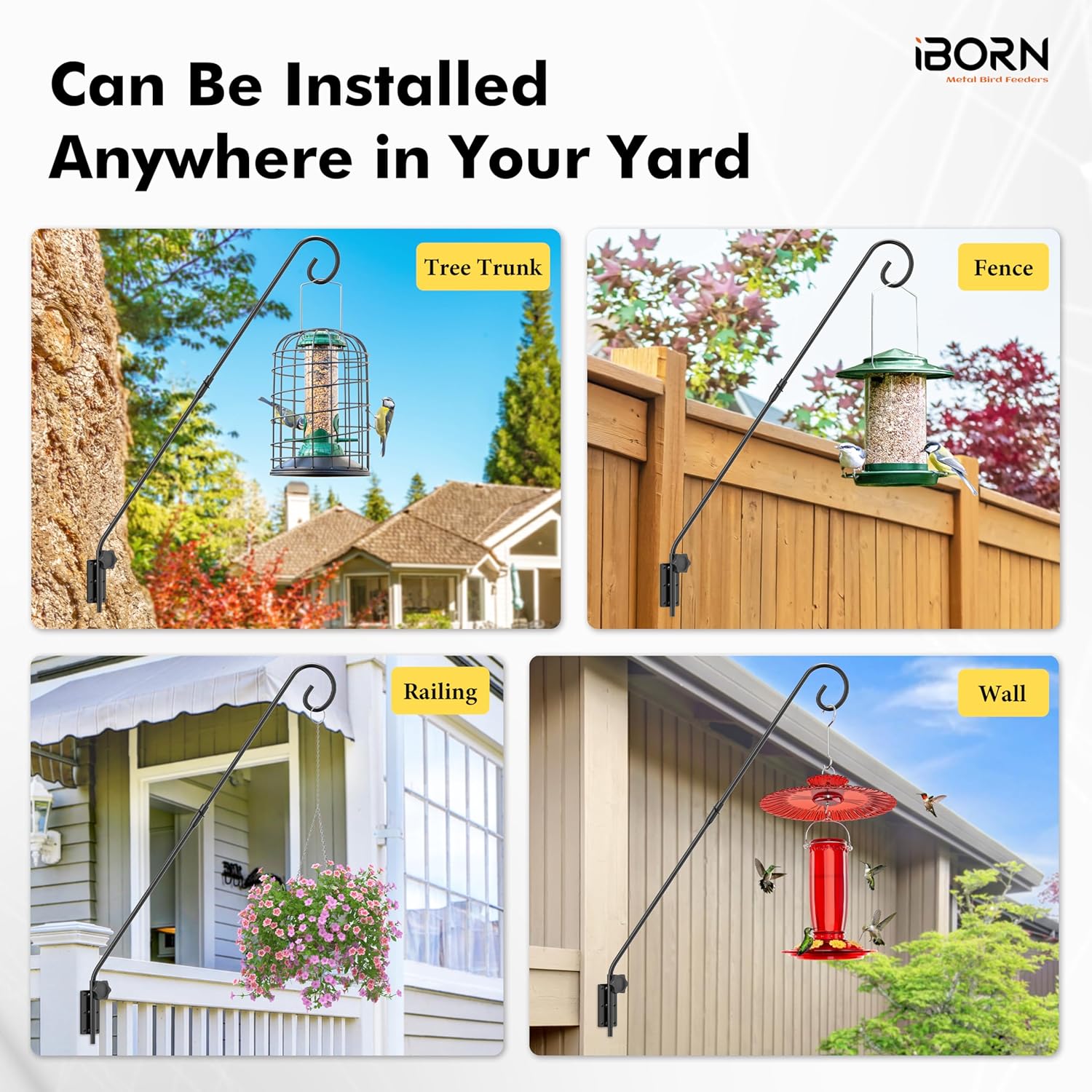 iBorn Wall Mount Deck Hook, 28" Hummingbird Feeder Hanger, Heavy Duty Bird Feeder Pole for Hanging Bird Feeder, Planter, Suet Baskets, Wind Chimes, 180° Rotatable Arm, Solid Wire, 2 Pack
