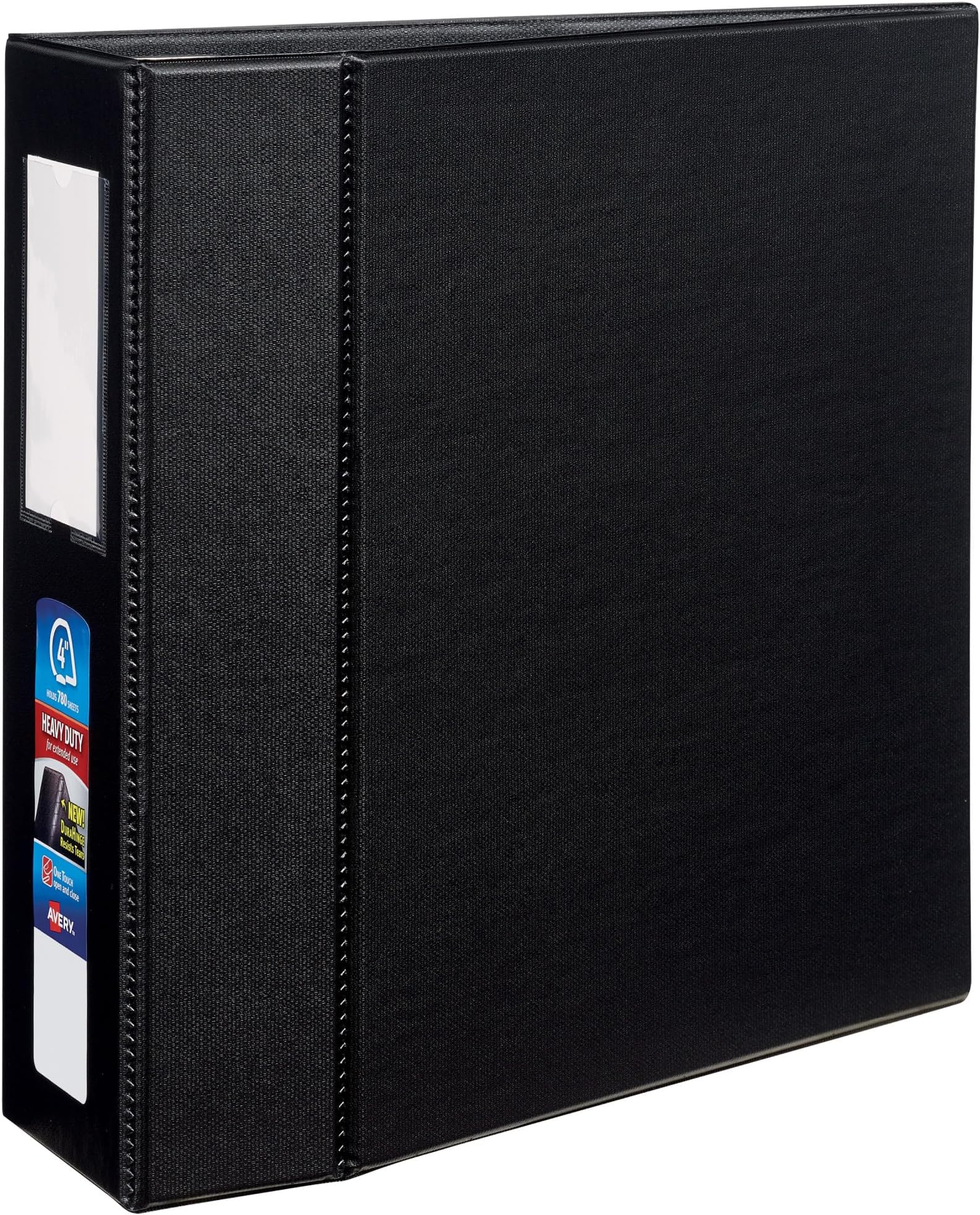 Heavy-Duty 3 Ring Binder with Label Holder, 4 Inch One Touch EZD Rings, 4.5 Inch Spine, 1 Black Binder (79994)