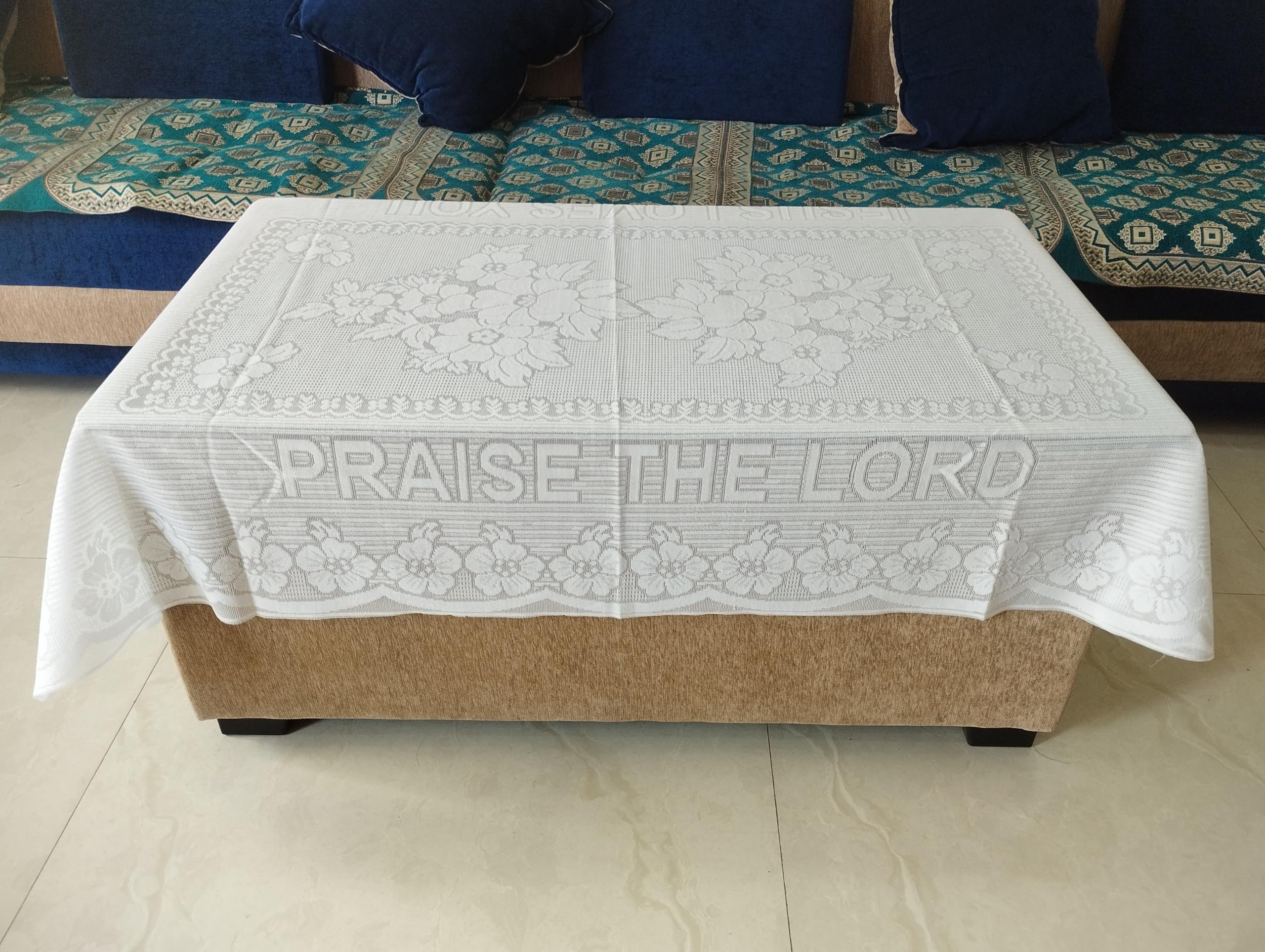 Pure White Christian Table Cloth with Lace Floral Pattern, Praise The Lord Jesus Loves You, 4 Seater, Bible Verse,Lord's Supper Table.-image-15