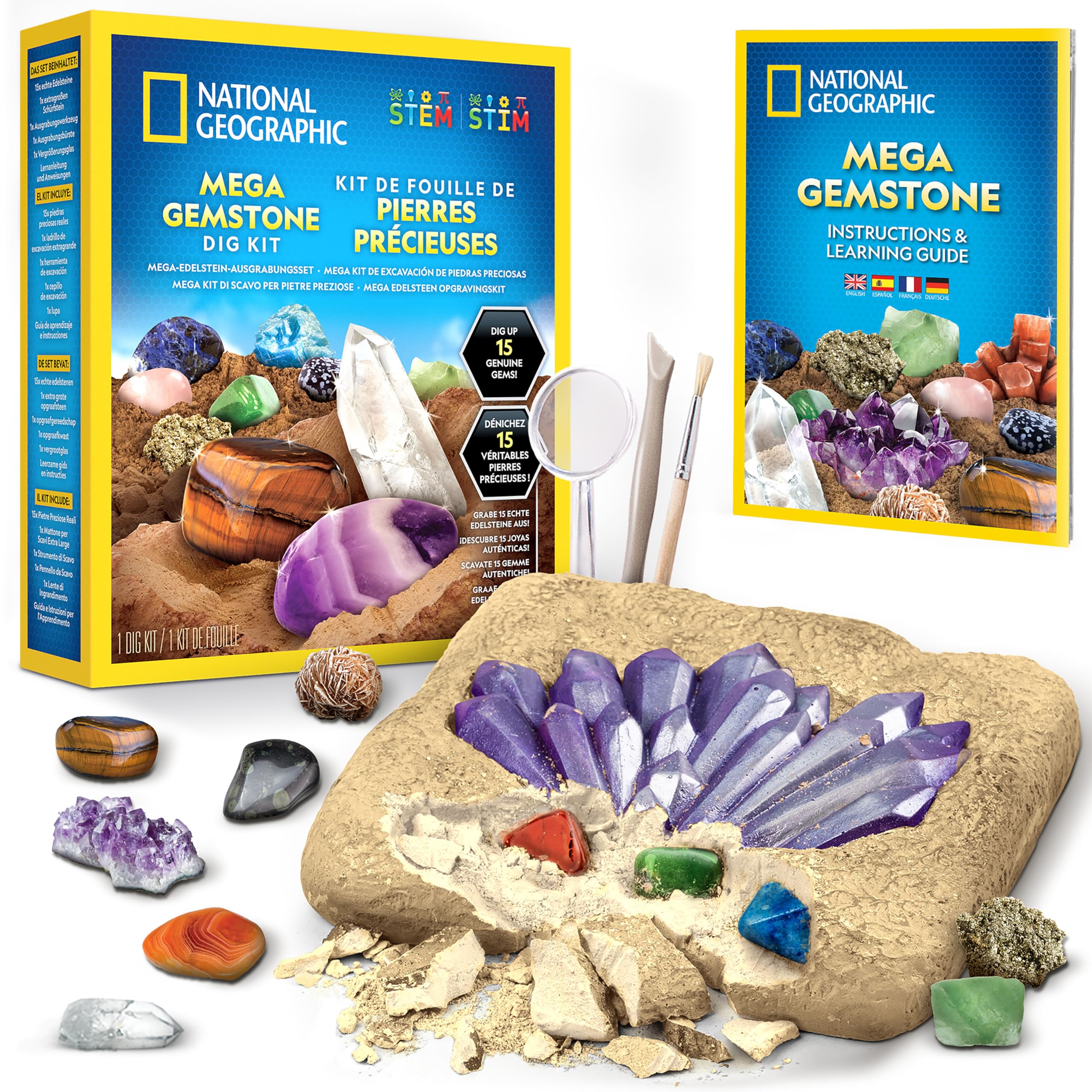 National Geographic Mega Kit d’Excavation de Gemmes – Kit de Fouille de Cristaux et Pierres Précieuses, Jeu Éducatif pour Enfants, Cadeau pour Filles et Garçons, Collection de Minéraux