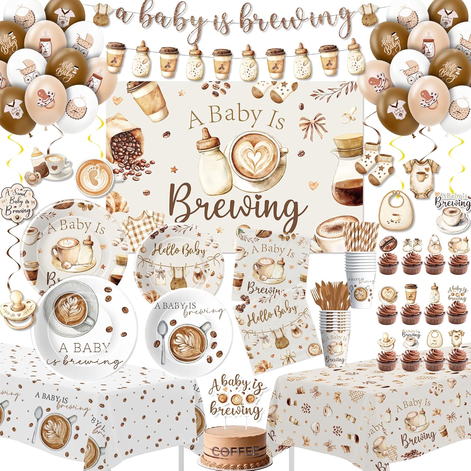 Coffee Baby Shower Decorations, Coffee Bean Theme A Baby is Brewing Party Supplies for Birthday, Plate, Napkin, Cup, Backdrop, Banner, Tablecloth, Swirl, Balloon, Topper, Cutlery, Serves 24
