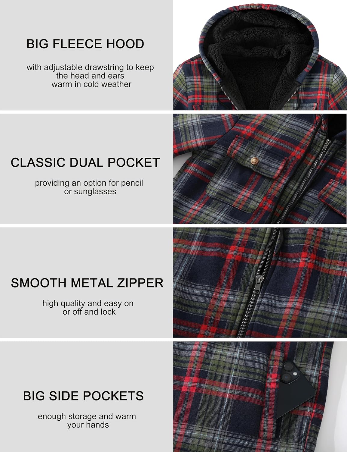 Ephemoca Jaqueta masculina com capuz xadrez de flanela com zíper e lã de ovelha forrada com capuz moderno casaco quente - Imagem 6