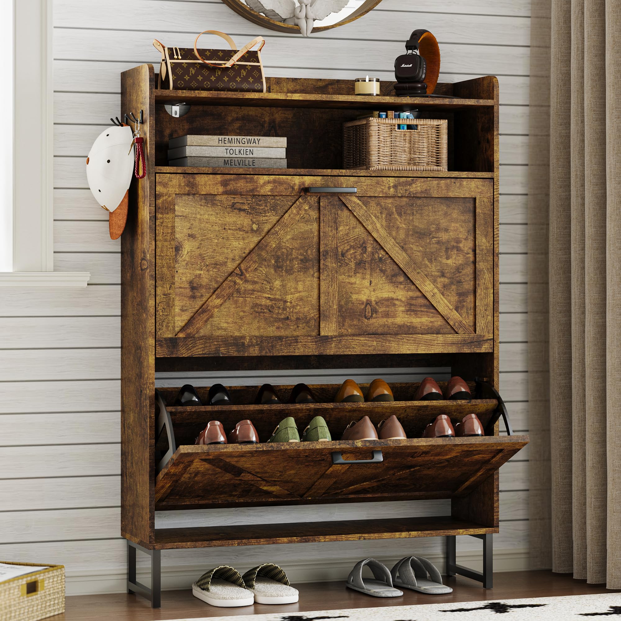 BORNOON Shoe Cabinet with 2 Flip Drawers Narrow Shoe Storage Cabinet Organizer Wooden Freestanding Rack Hidden Slim Storage for Entryway, Hallway,