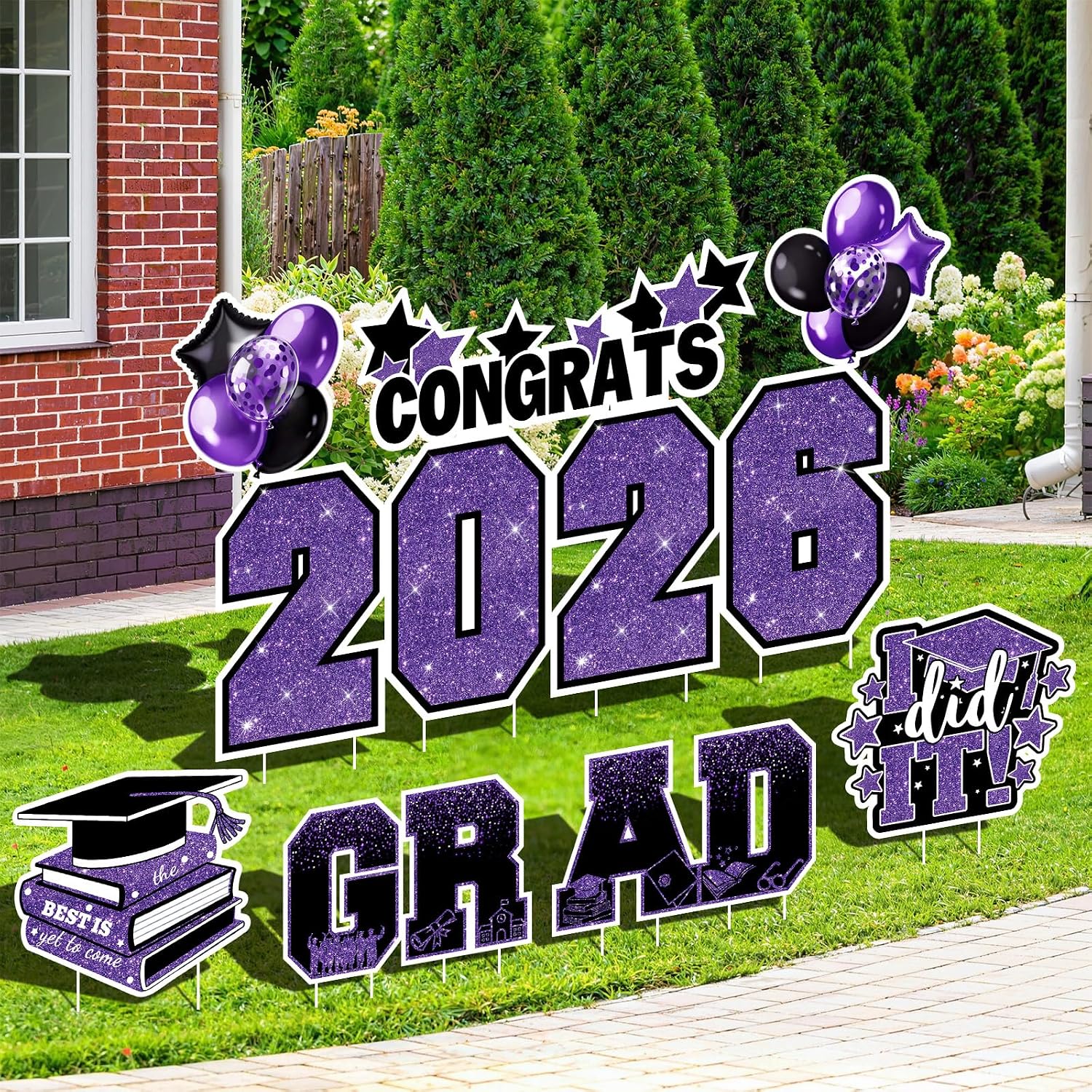 Graduation Yard Signs Class of 2026 Decorations, 11PCS Purple Black Congrats Grad 2026 Lawn Sign Large Yard Decor with Stakes for Outdoor Senior High School College Garden Prom Send Off Party Supplies image 4