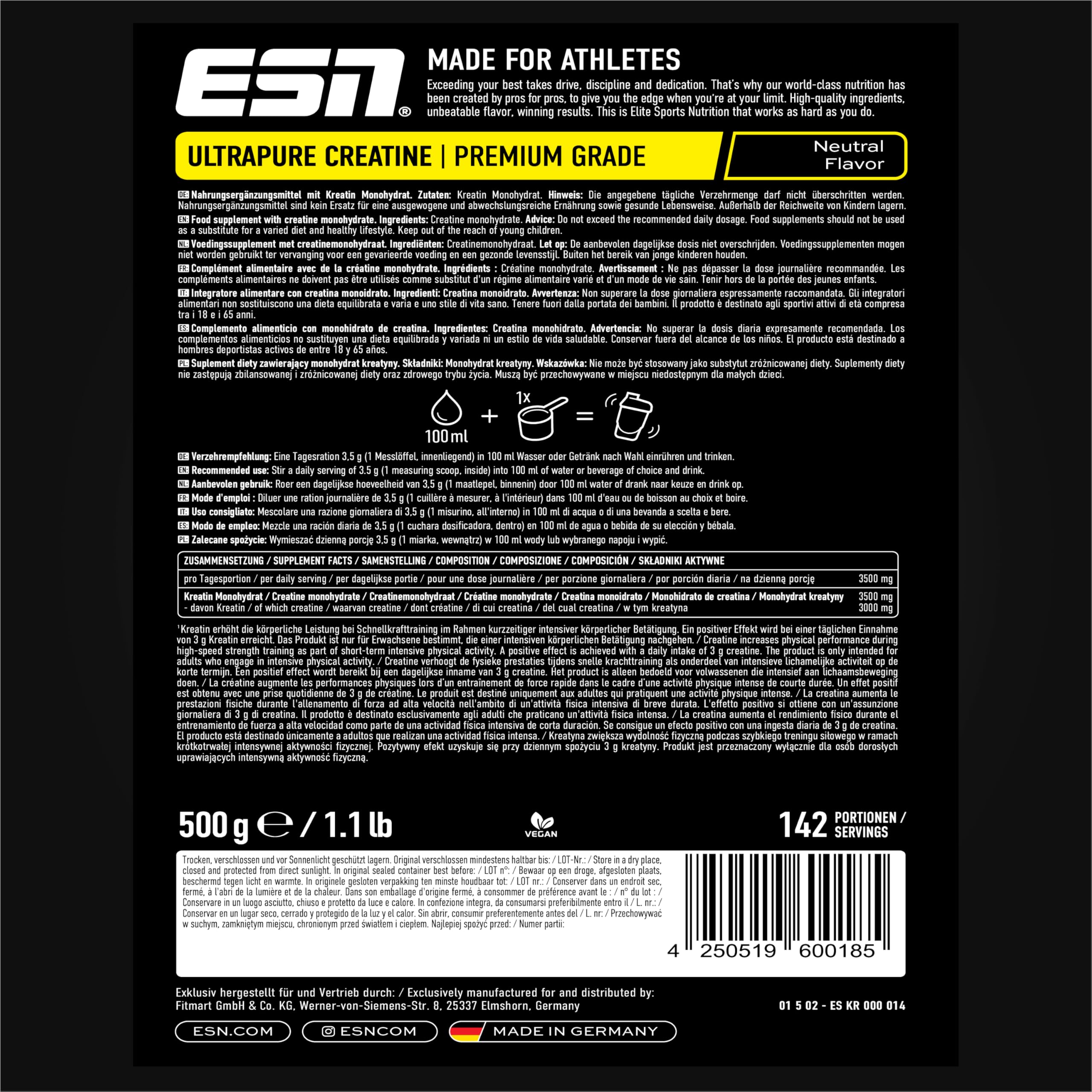 ESN Ultrapure Creatina Monoidrata in Polvere Pura al 100%, 500 g - 100% Vegan - Integratore per Allenamento, Sport, Palestra e Pre Workout