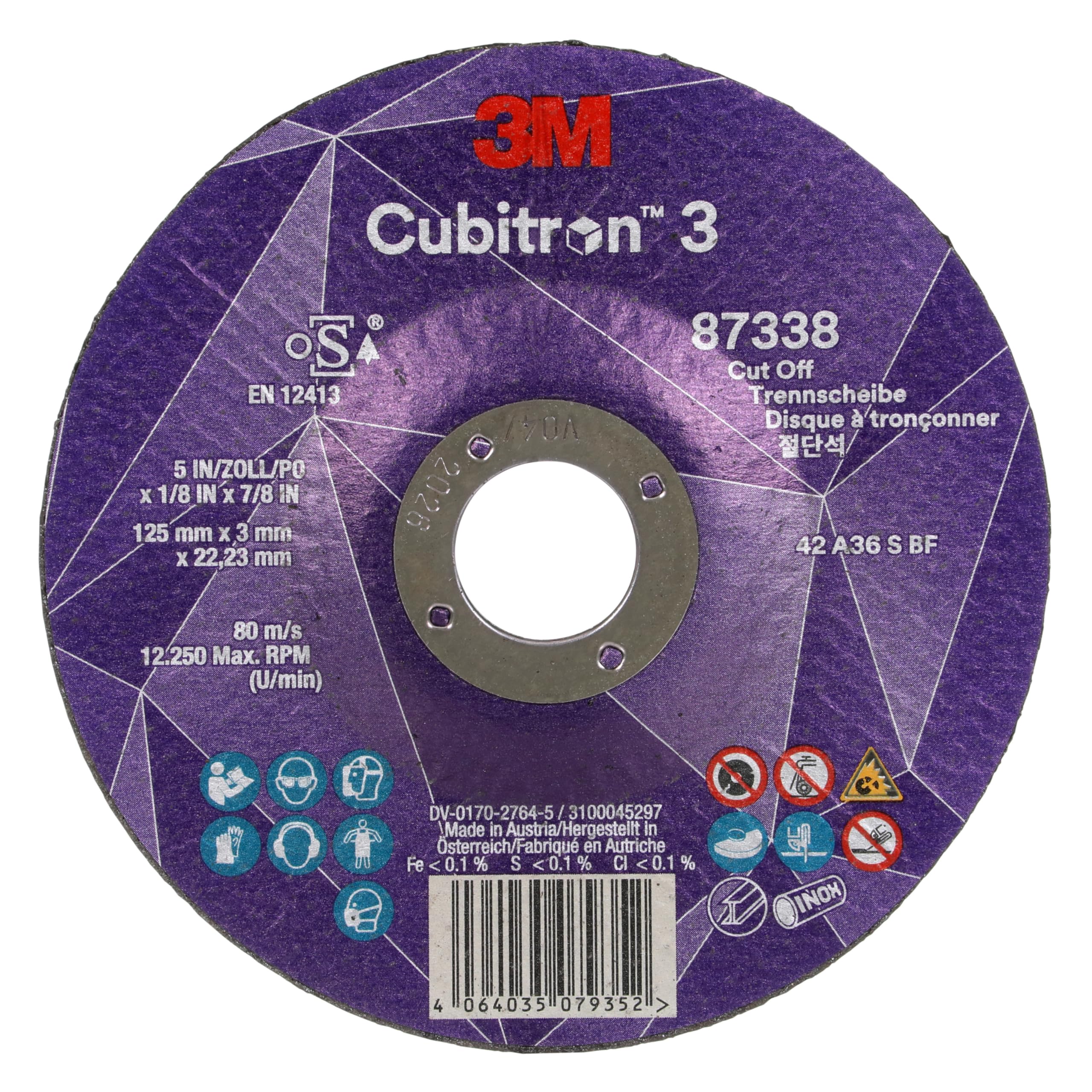 3M Cubitron 3 Trennscheibe, 87338, 36+, T42, 125 mm x 3 mm x 22,23 mm, EN, 25/Pack