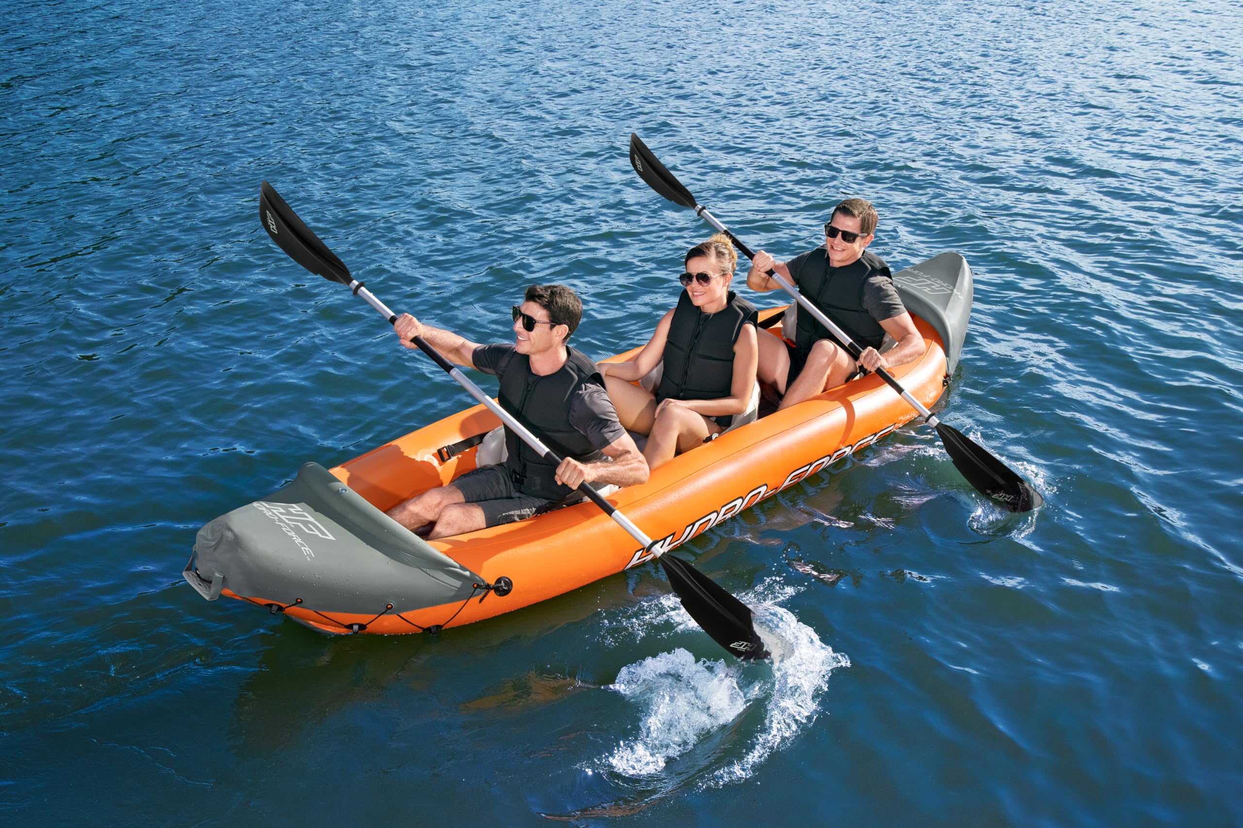 Bestway | Hydro-Force Rapid X3 Kayak | Juego de Botes inflables con Bomba de Mano, Remo, Asientos, Aletas y Bolsa de Almacenamiento | Tres plazas