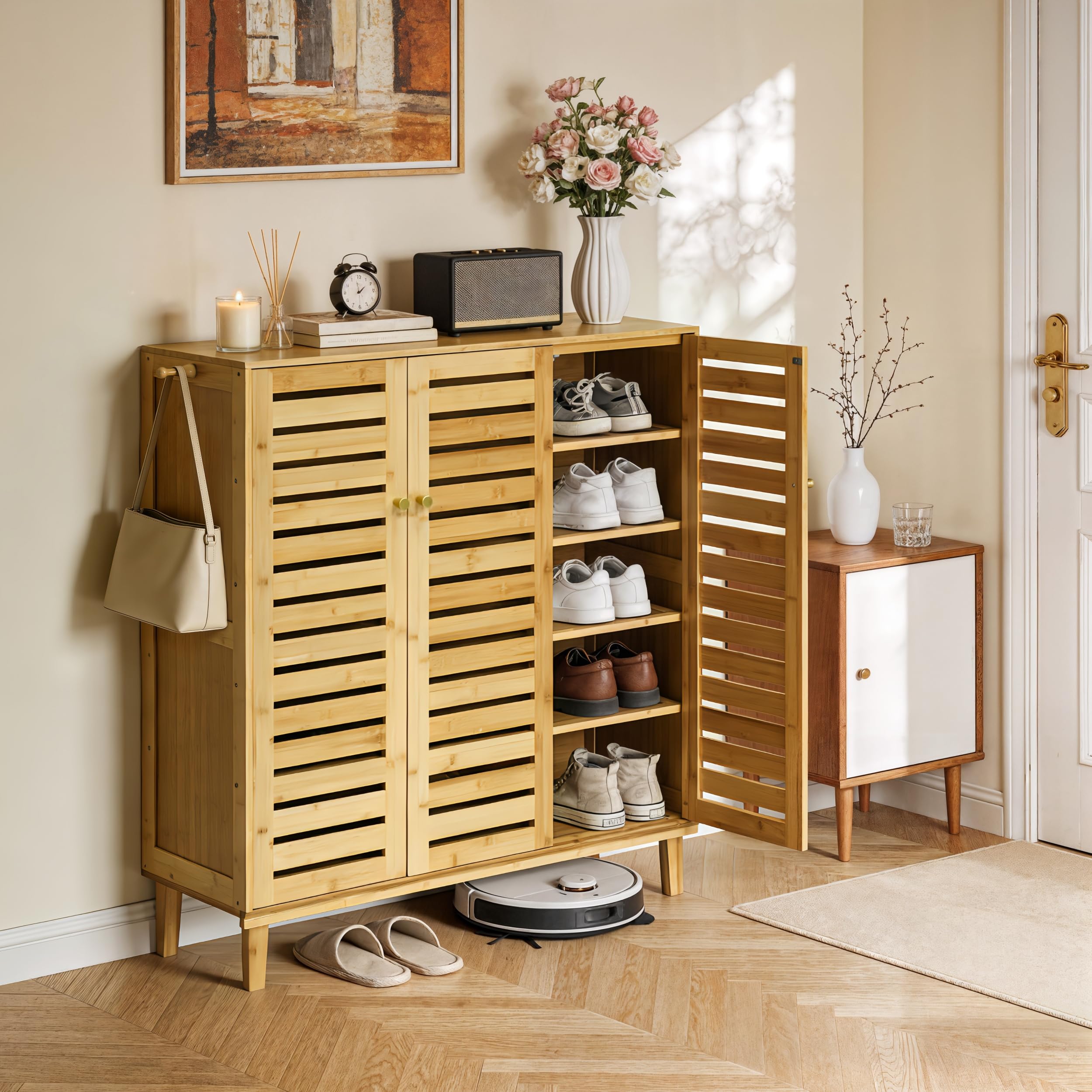 unho Wood Shoe Storage Cabinet with 5-Tier Shelves, Breathable Slatted Doors & Side Hooks, Large Capacity Shoe Cupboard Organiser for Hallway & Entryway, Sturdy Solid Wood Legs, 3 Door โ image 1