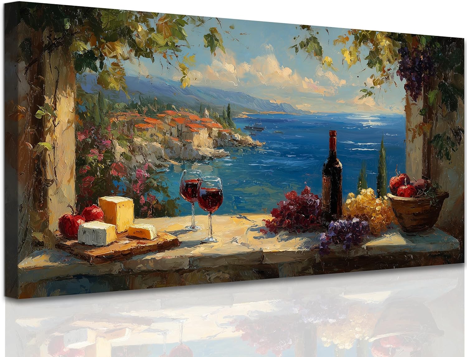 KVTM Wine Wall Art Rustic Mediterranean Cheese Artwork Decor, Vibrant Wine Art Prints Coastal Kitchen Canvas Wall Decor, Dining Room Bar Pictures Painting for Wine Bar Wall, 20x40 inches