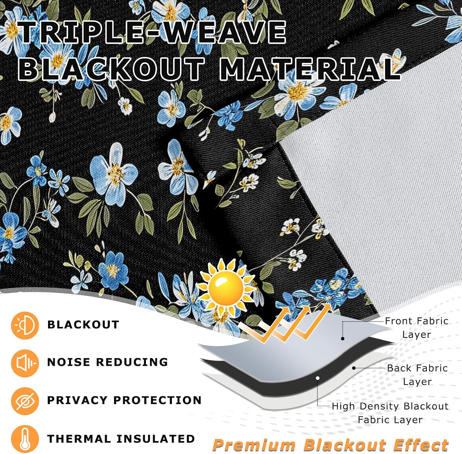 Botanical Curtains 63 Inch Length - Vintage Wildflower Floral Flower Black Patterned Blackout Curtains for Living Room Bedroom, Room Darkening Grommet Drapes Window Treatments, 2 Panel Set