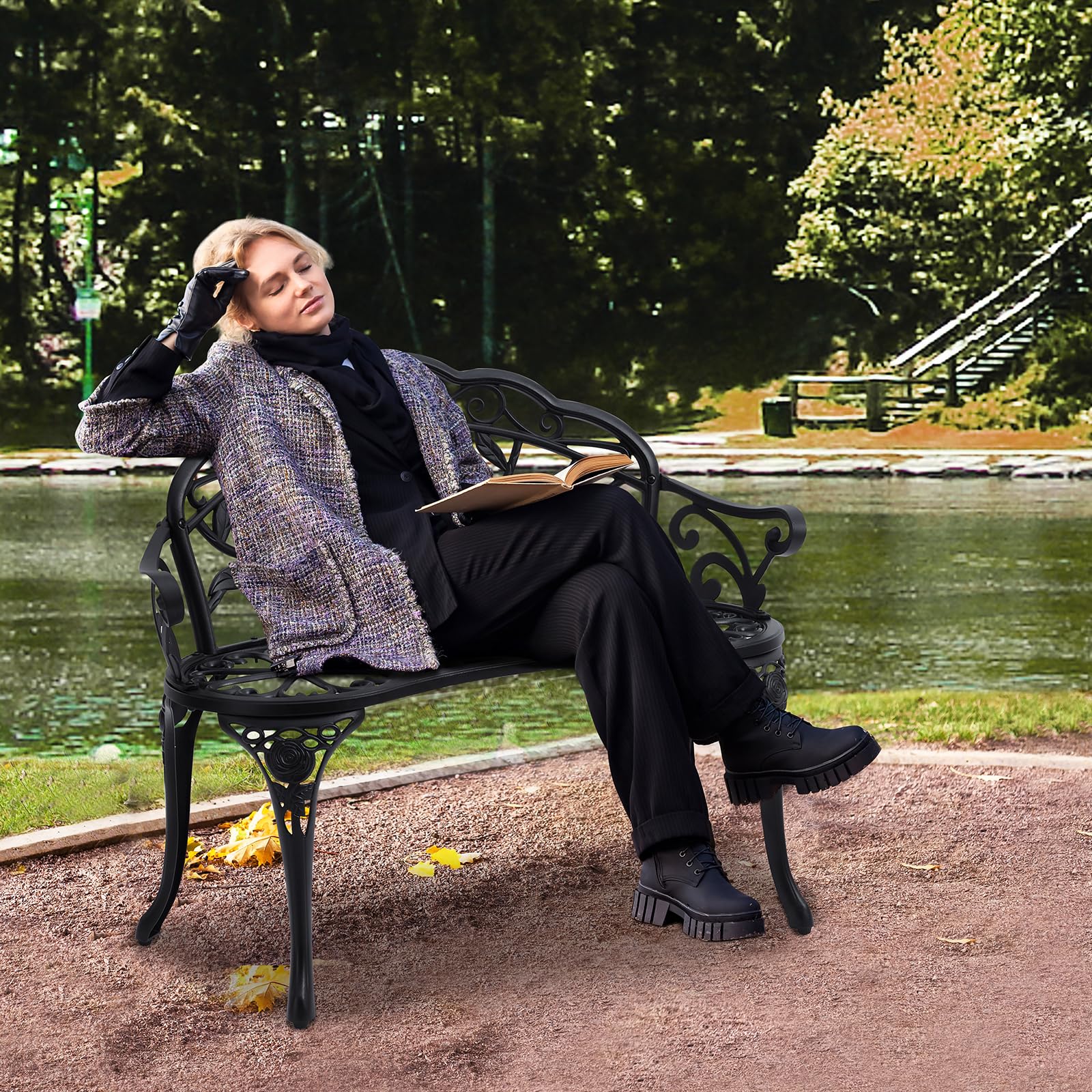 VEVOR Panchina da Esterno da 57 x 98,7 x 79 cm Panchina da Giardino in Metallo per Esterni, Capacità di Carico di 218 kg Panchina da Giardino con Schienale, Braccioli, per Parco, Cortile, Portico